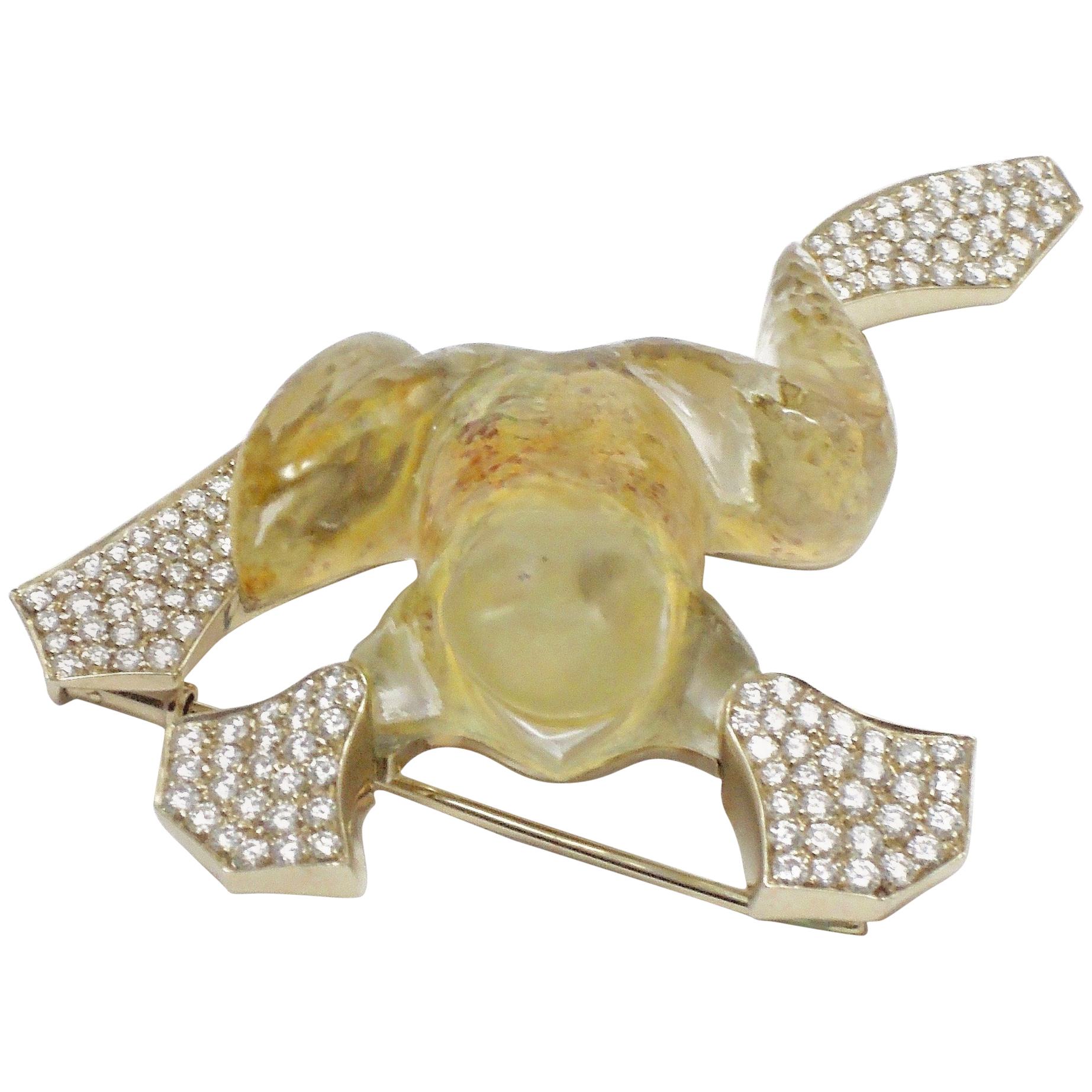 Vhernier Curved Rock Crystal Imperial Topaz Frog Brooch Set in 18 Karat Gold For Sale