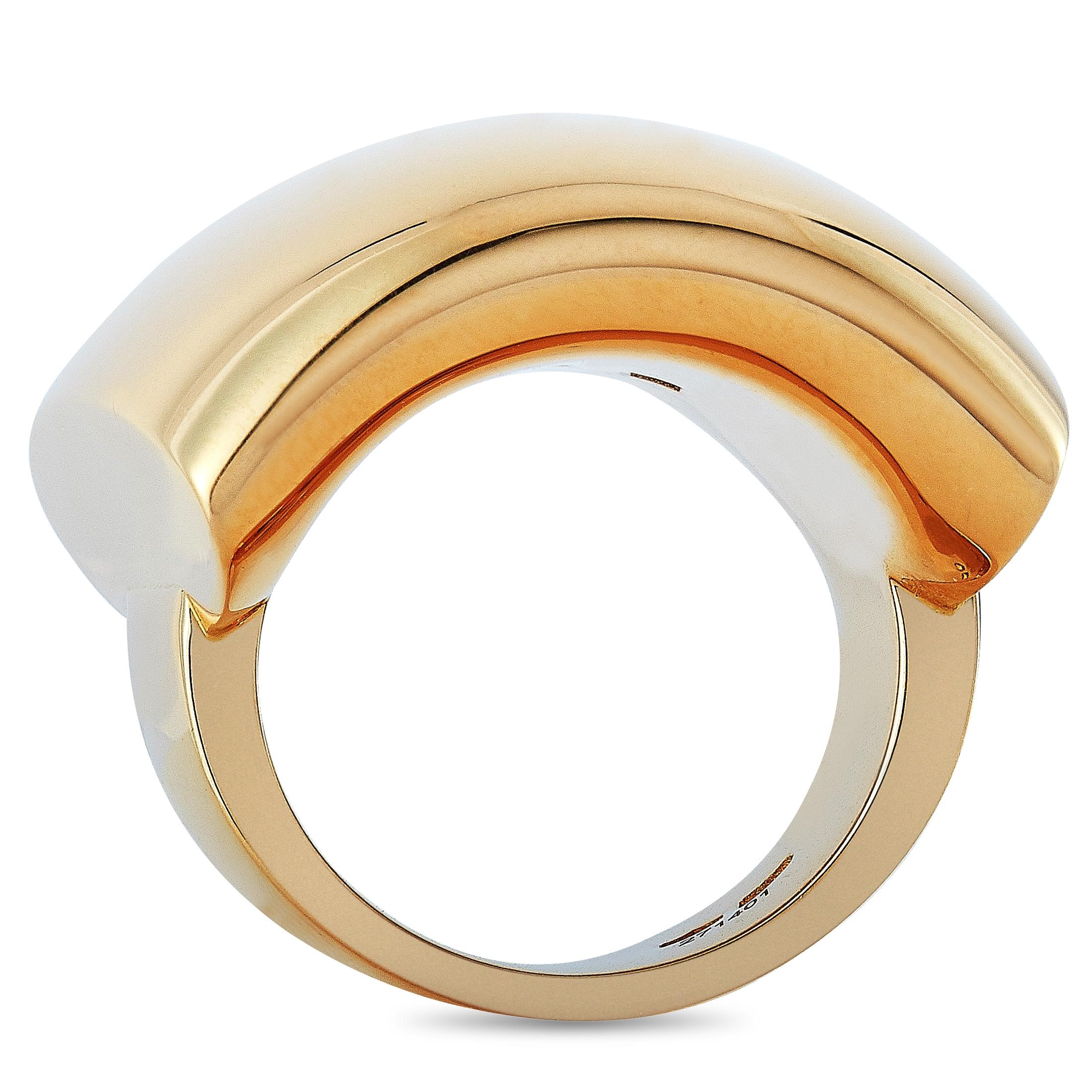 The Vhernier “Fibula” ring is crafted from 18K rose gold and weighs 19.8 grams. The ring boasts band thickness of 7 mm and top height of 7 mm, while top dimensions measure 31 by 22 mm.
Ring Size: 7.5

This item is offered in brand new condition and