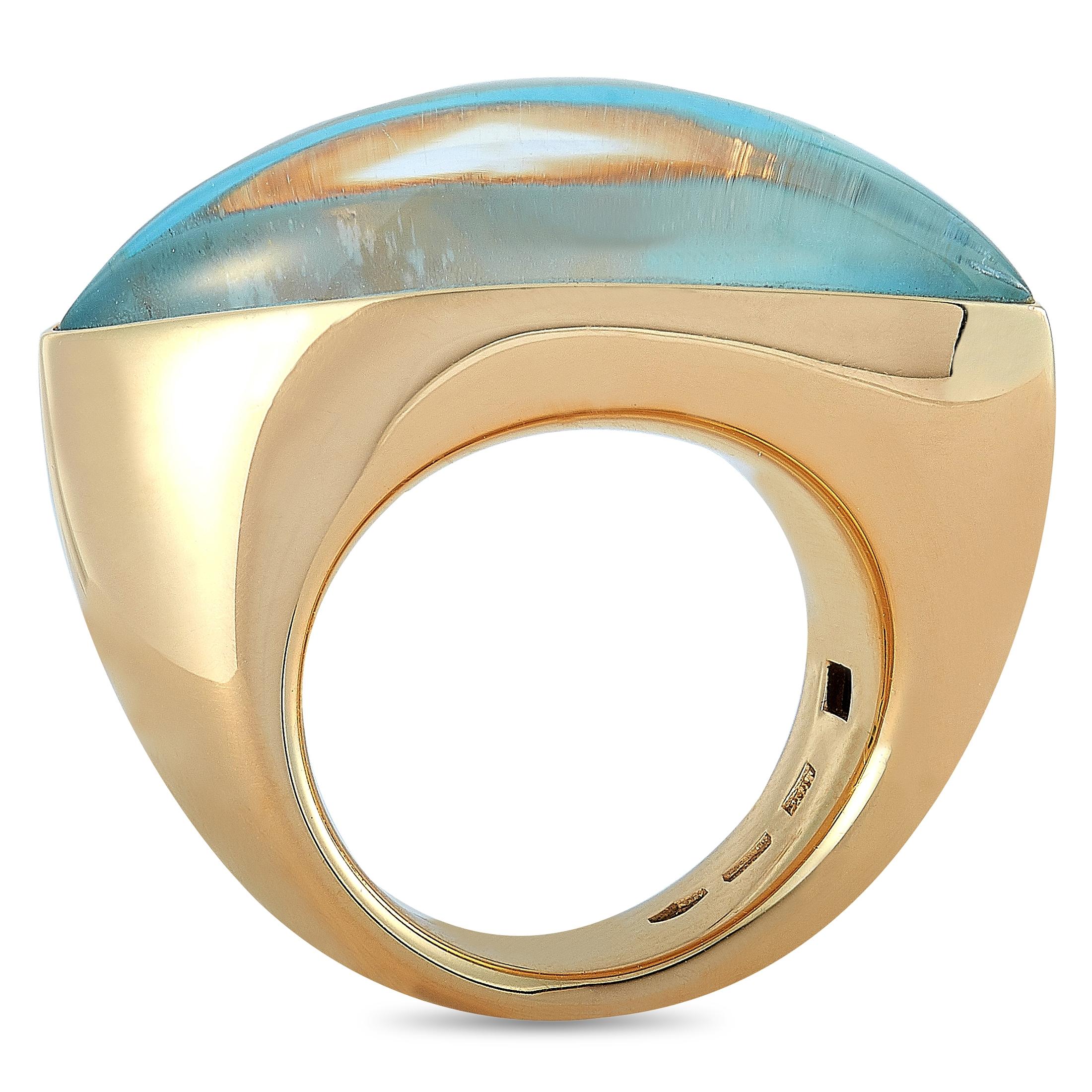 The Vhernier “Fuseau Piccolo” ring is made of 18K rose gold and embellished with turquoise and rock crystal. The ring weighs 18 grams and boasts band thickness of 6 mm and top height of 10 mm, while top dimensions measure 30 by 10 mm.
Ring Size: