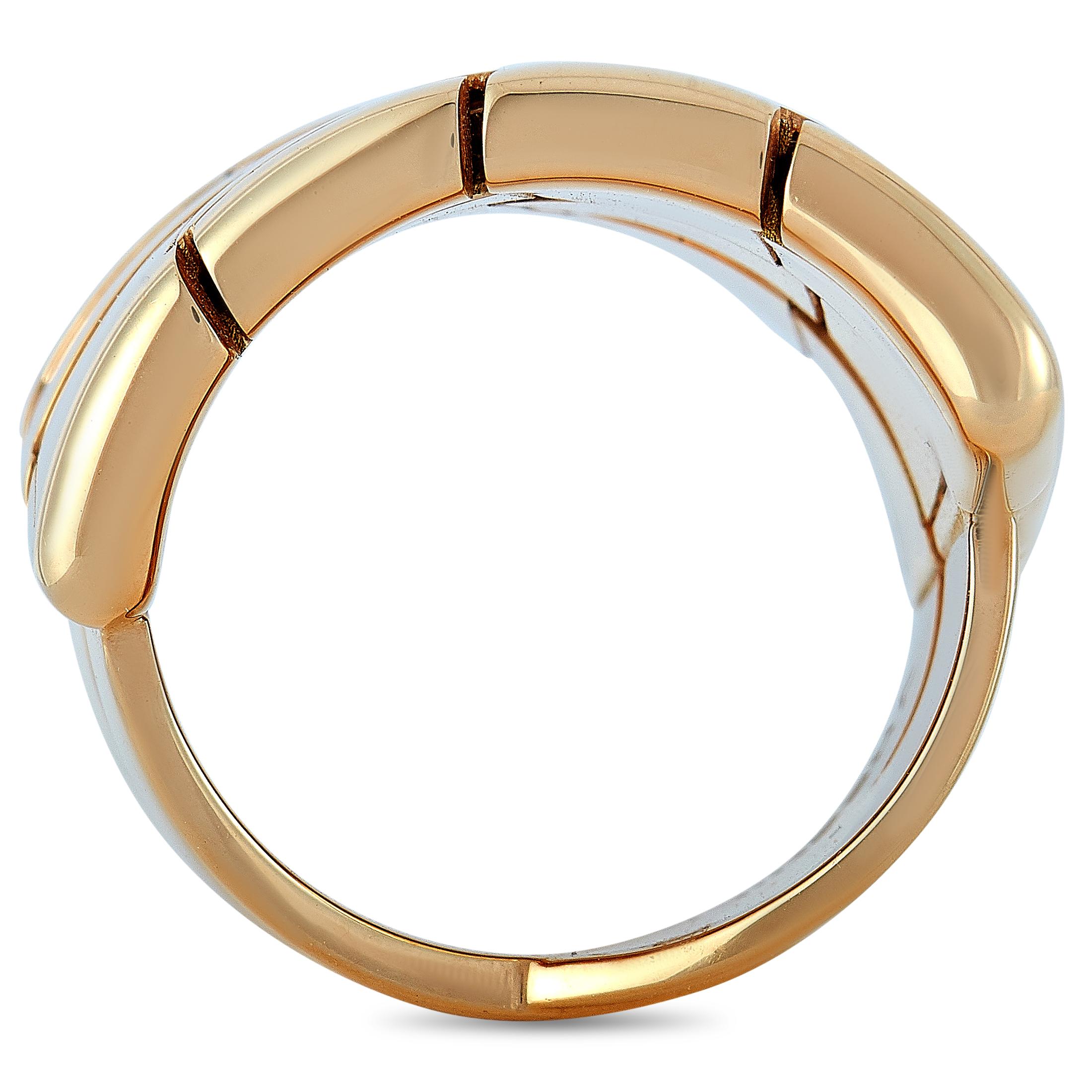 The Vhernier “Giunco Due” ring is crafted from 18K rose gold and weighs 18.1 grams. The ring boasts band thickness of 6 mm and top height of 3 mm, while top dimensions measure 22 by 23 mm.
Ring Size: 6

This item is offered in brand new condition