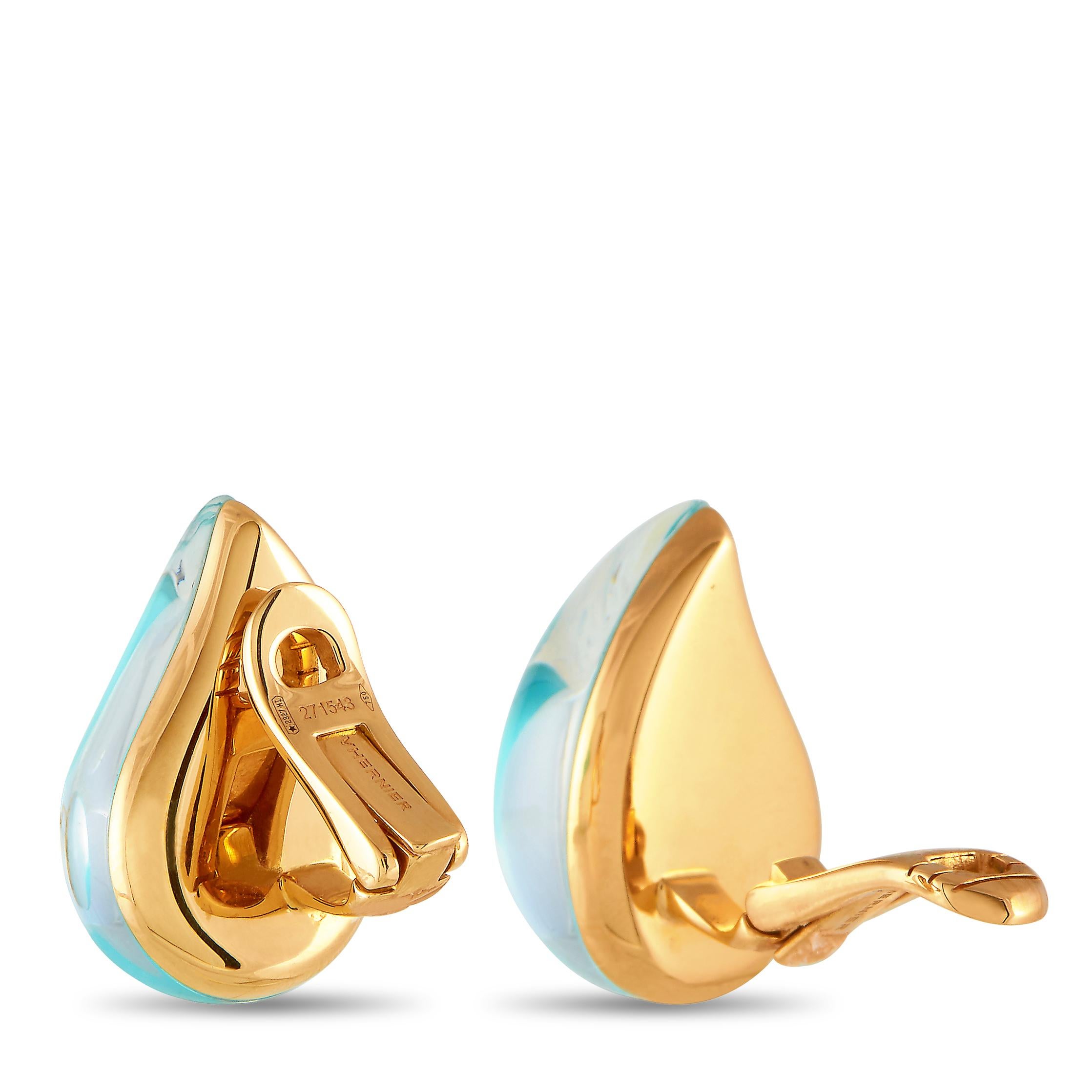 The Vhernier “Gocce” earrings are made of 18K rose gold and embellished with turquoise and rock crystal. The earrings measure 1.20” in length and 1.50” in width, and each of the two weighs 10.7 grams.

The pair is offered in brand new condition and