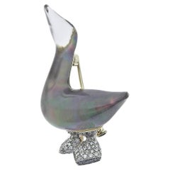 Vintage Vhernier Gold Crystal Mother Of Pearl Diamond Duck Brooch