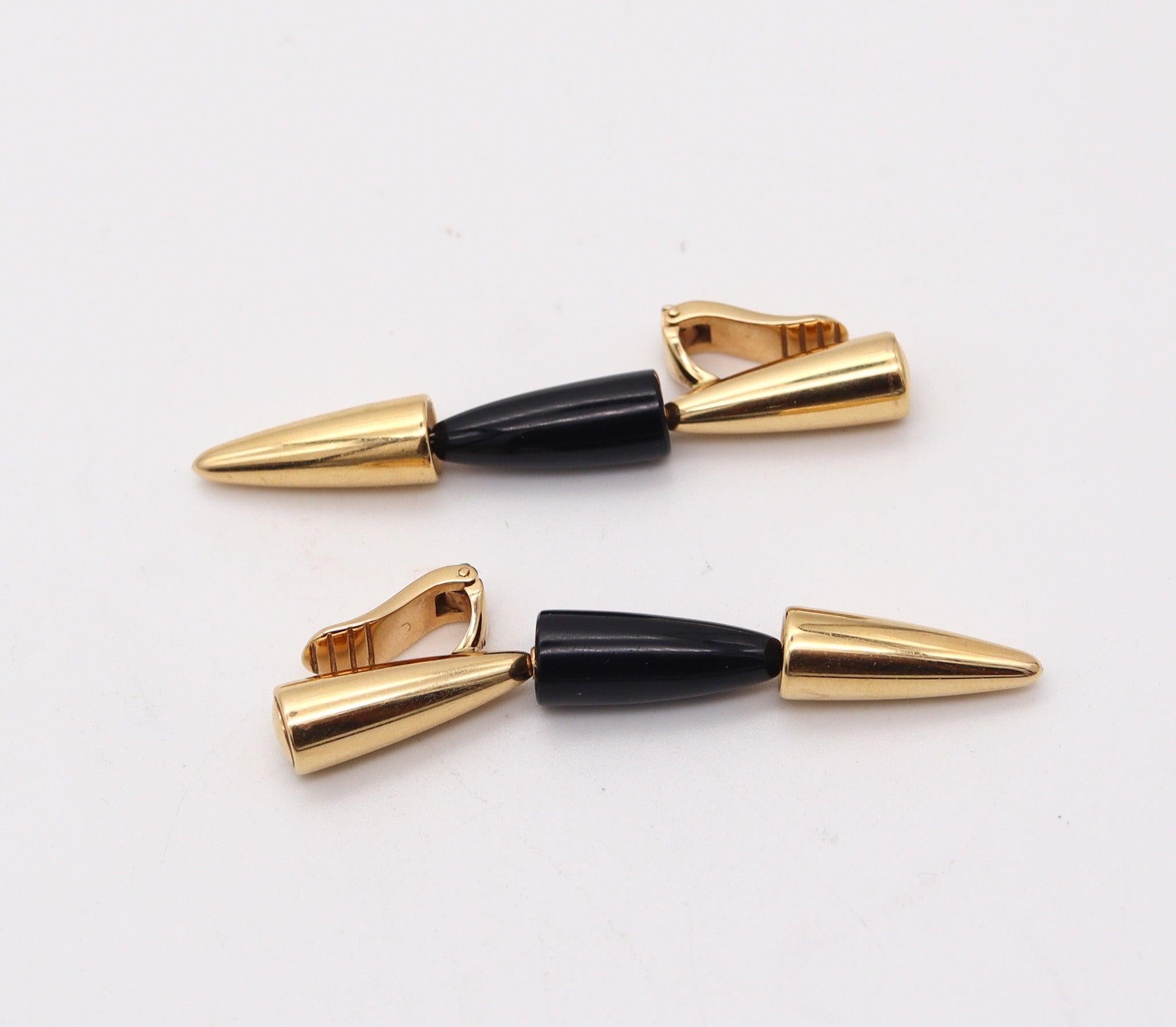 Modernist VHERNIER Milano Calla Dangle Drop Clips-On Earrings in 18 Kt Yellow Gold & Onyx For Sale