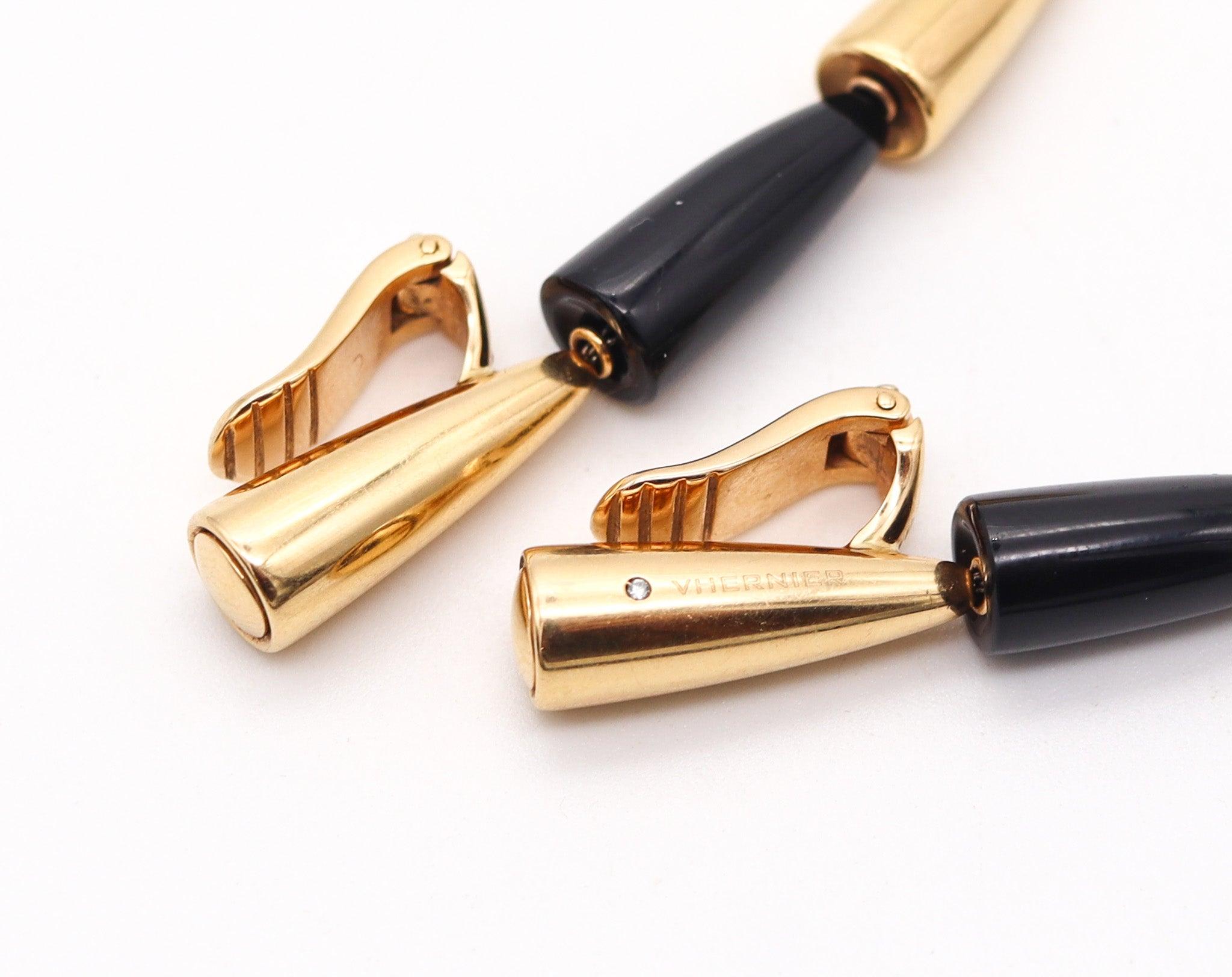 Cabochon VHERNIER Milano Calla Dangle Drop Clips-On Earrings in 18 Kt Yellow Gold & Onyx For Sale