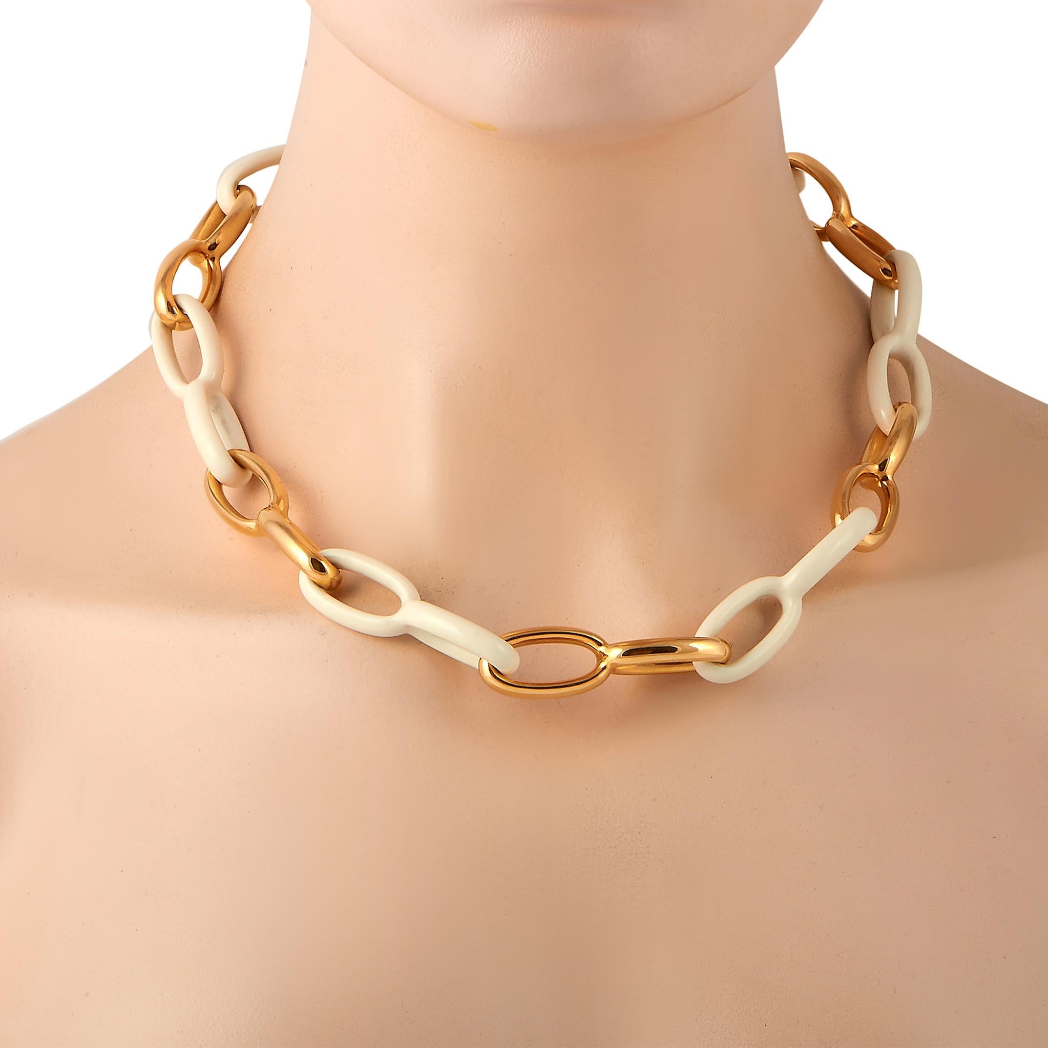 The Vhernier “Ottovolante” necklace is made out of 18K rose gold and kogolong and accentuated with a diamond stone. The necklace weighs 69.4 grams and measures 20” in length.

This jewelry piece is offered in brand new condition and includes the