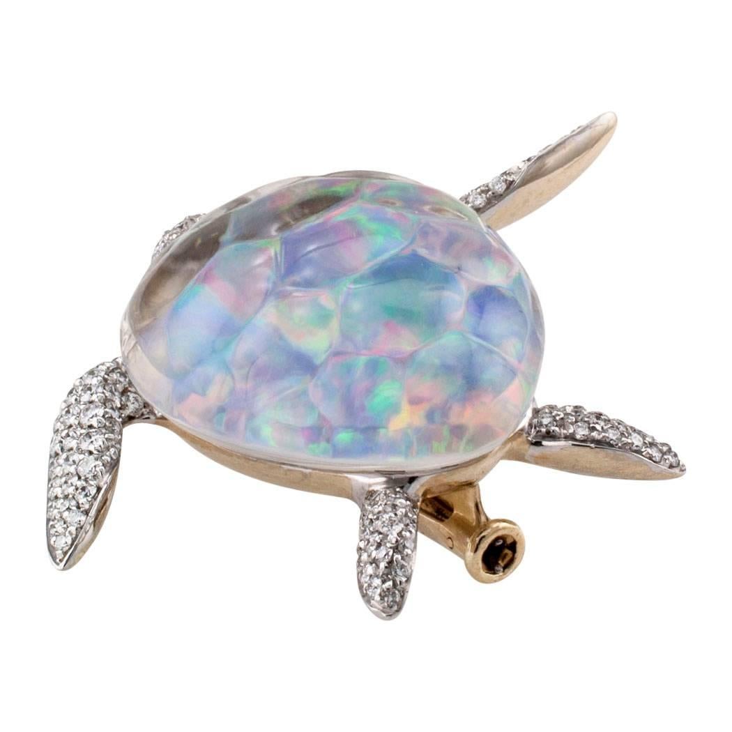 Contemporary Vhernier Turtle Brooch Opal Rock Crystal Diamond Gold