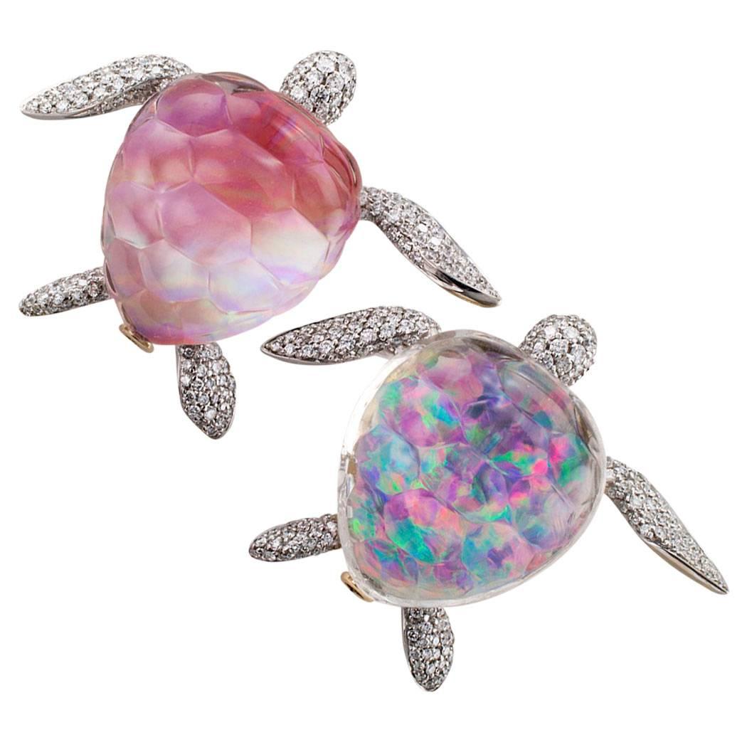 Women's Vhernier Turtle Brooch Opal Rock Crystal Diamond Gold