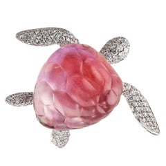 Vhernier Turtle Brooch Pink Mother-of-Pearl Rock Crystal Diamond Gold