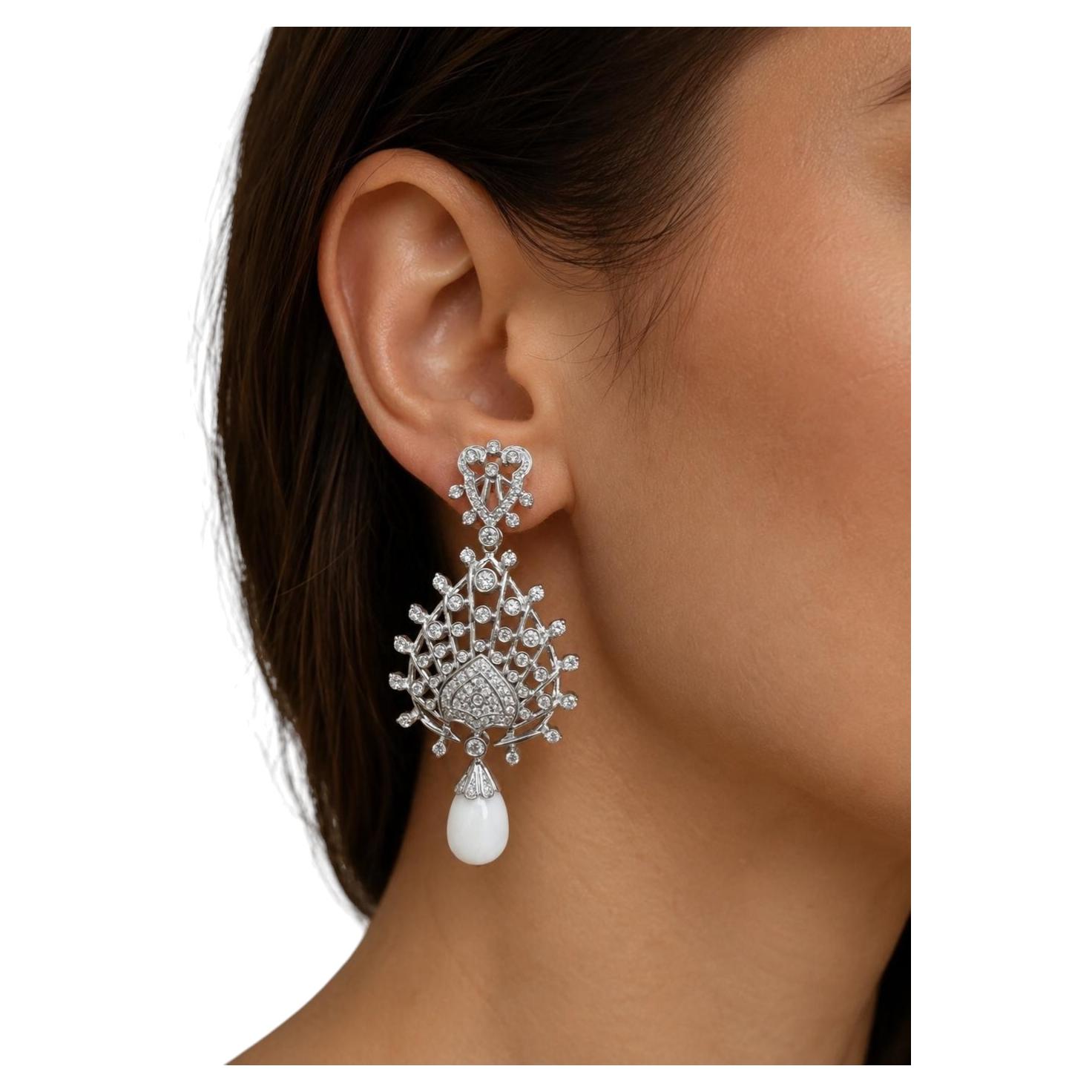 Vi Bi Leardi 18k White Gold 2.15ctw Diamond Pearl Drop Dangle Peacock Earrings