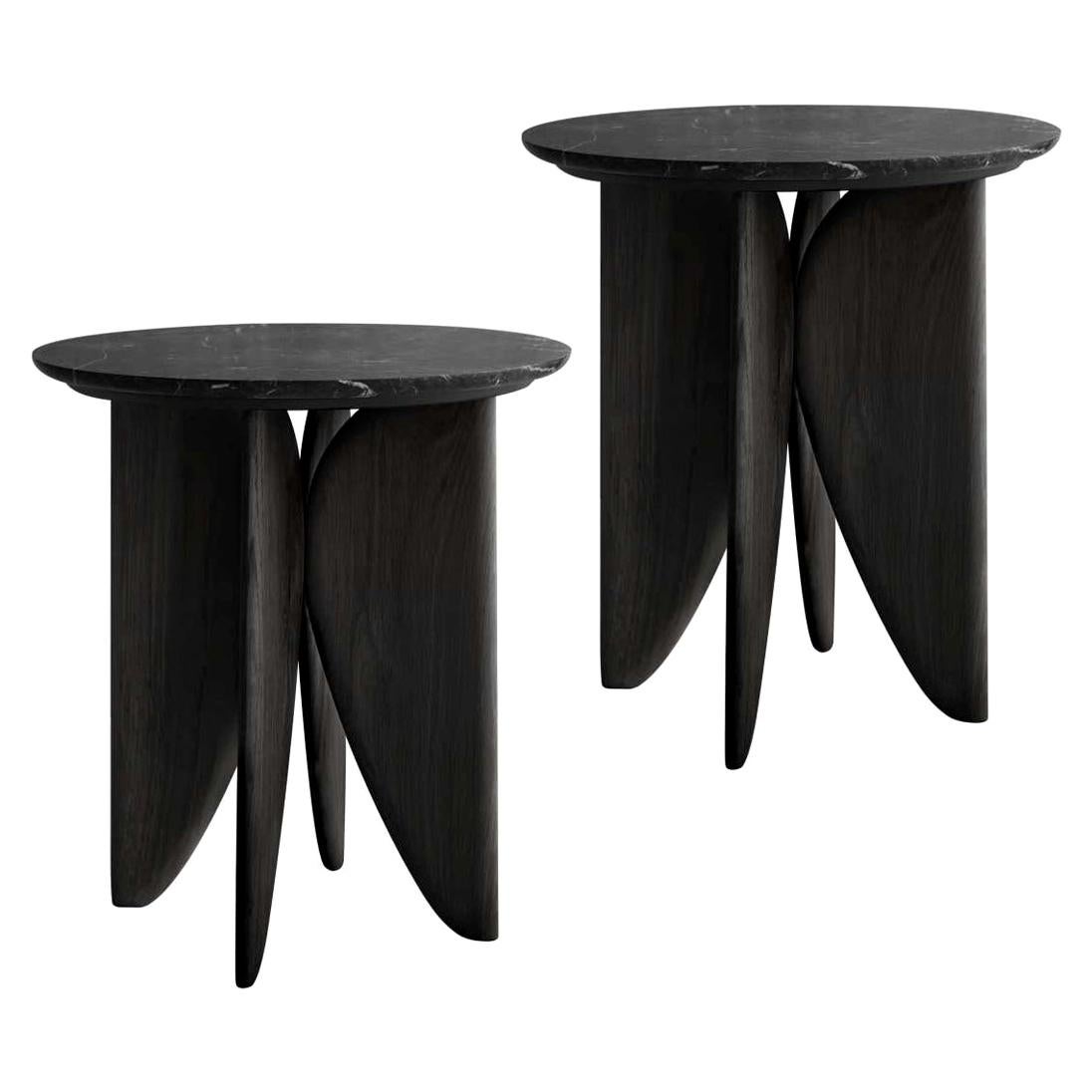 Set of 2 Noviembre VI Side Tables Night Stand in Burned Oak Wood and Marble Top 