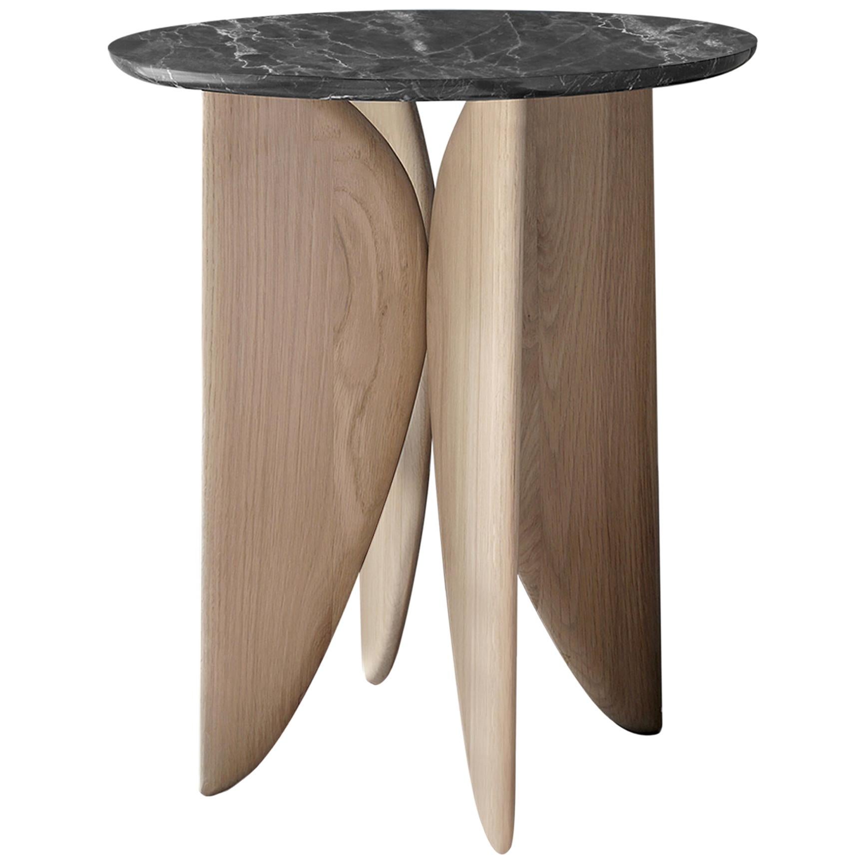 Noviembre VI Side Table, Night Stand in Oak Wood and Marble Top by Joel Escalona For Sale