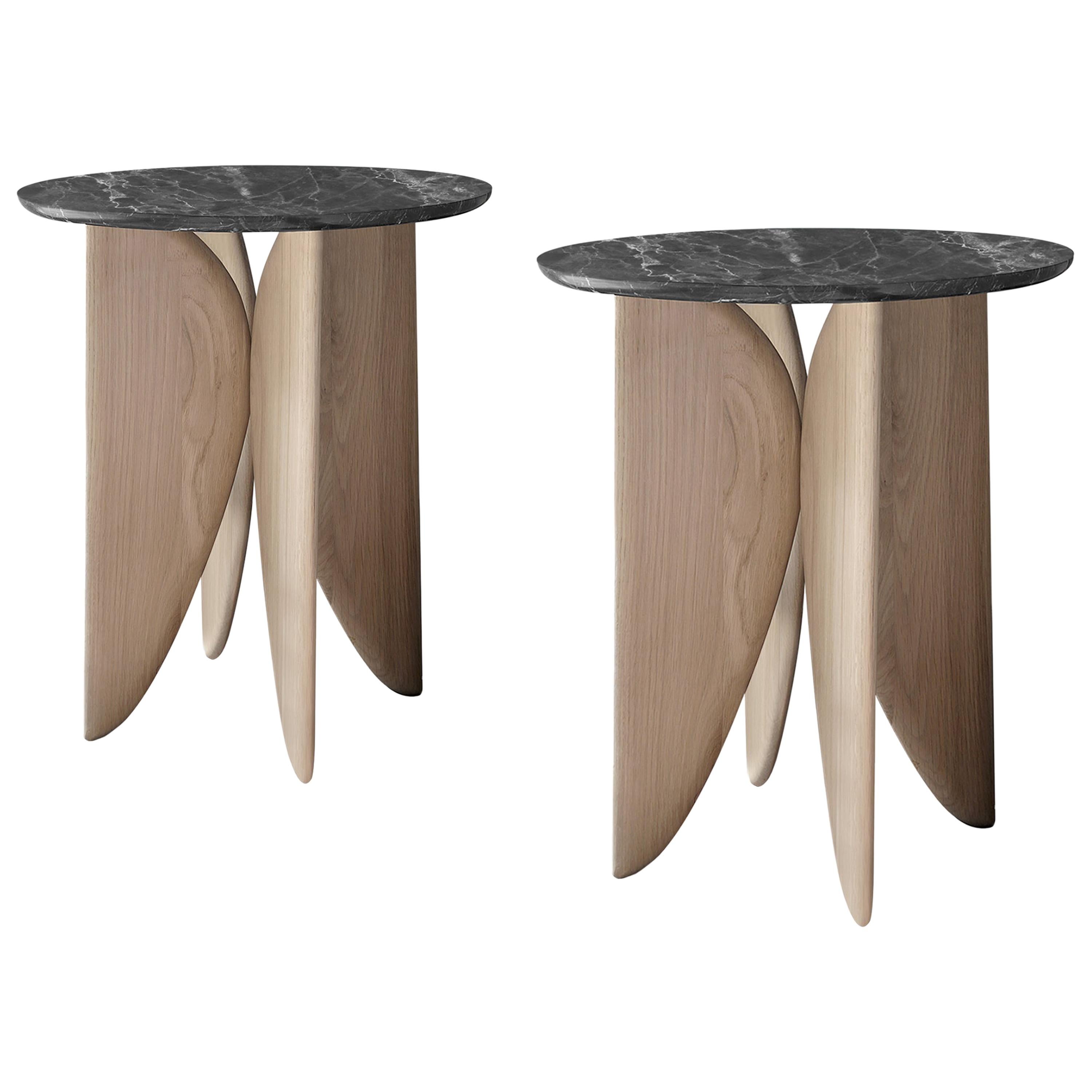 Set of 2 Noviembre VI Side Tables, Night Stand in Oak Wood and Marble Top For Sale