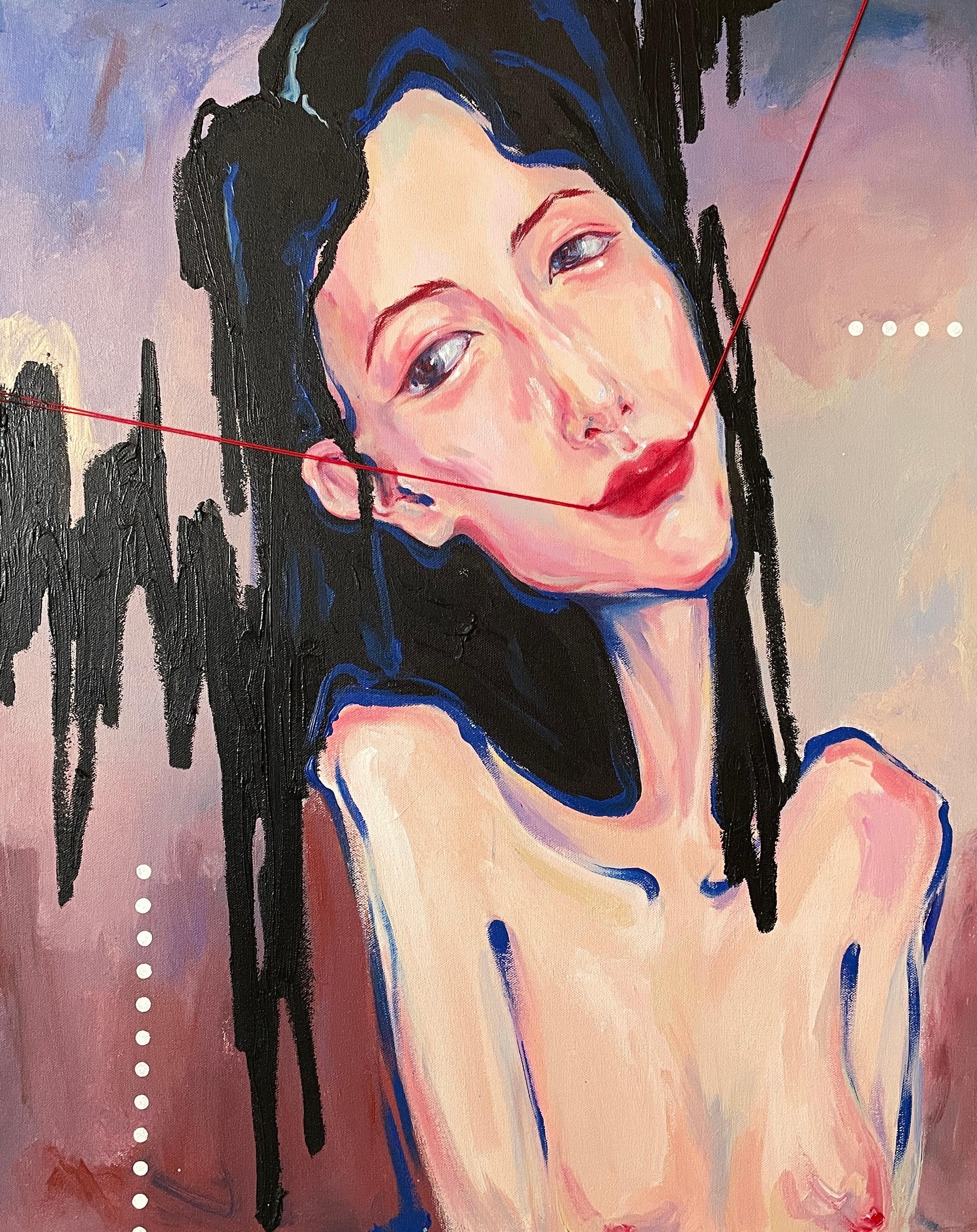'Fake Smile' di Via Li è un'avvincente pittura figurativa in acrilico e tecnica mista che cattura un commento toccante su una facciata emotiva. Con una dimensione di 30" x 24", quest'opera d'arte utilizza una straordinaria tavolozza di blu, rosa e