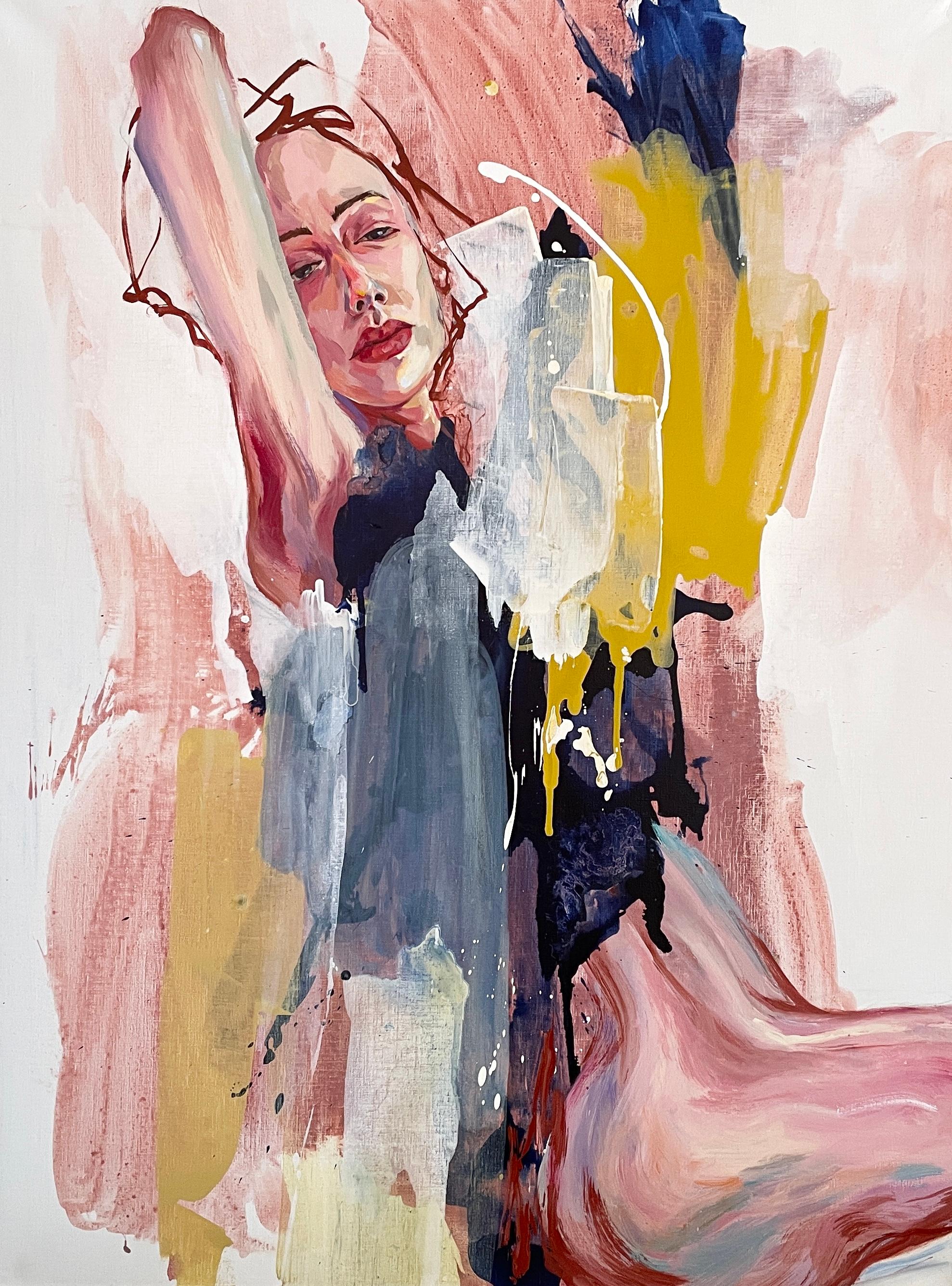 In the Flow" von Via Li ist ein atemberaubendes Beispiel für moderne figurative Malerei, die lebendige, emotionale Tiefe mit abstrakten Formen verbindet. Mit den Maßen 48" x 36" fängt dieses Acrylbild auf Leinwand durch seine ausdrucksstarken