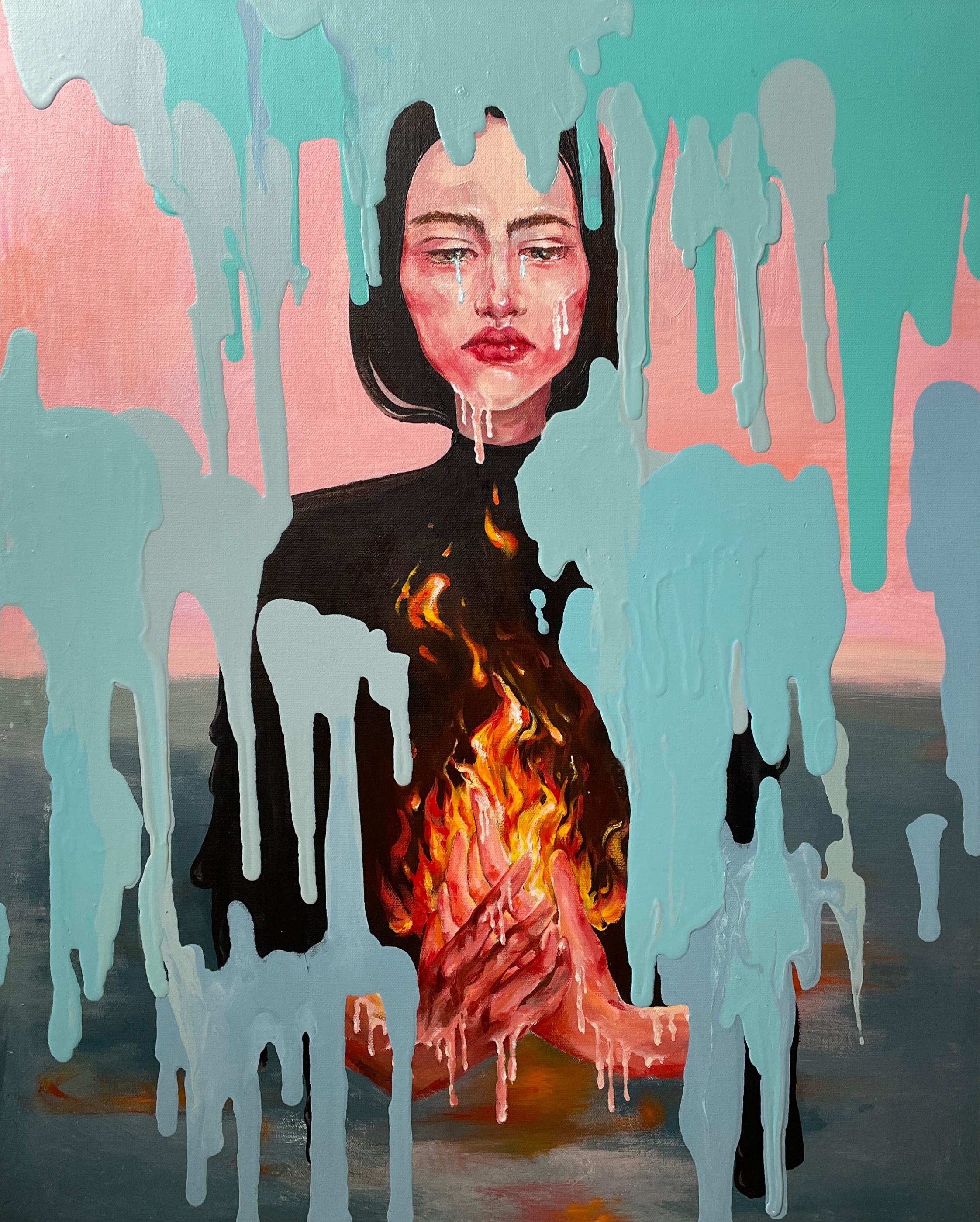 The Moment of Struggling" dell'artista Via Li è un'avvincente pittura acrilica figurativa su tela di 30" x 24" che racchiude visivamente il tumulto interiore della lotta emotiva. L'opera d'arte presenta una figura dal viso pallido e spoglio, la cui