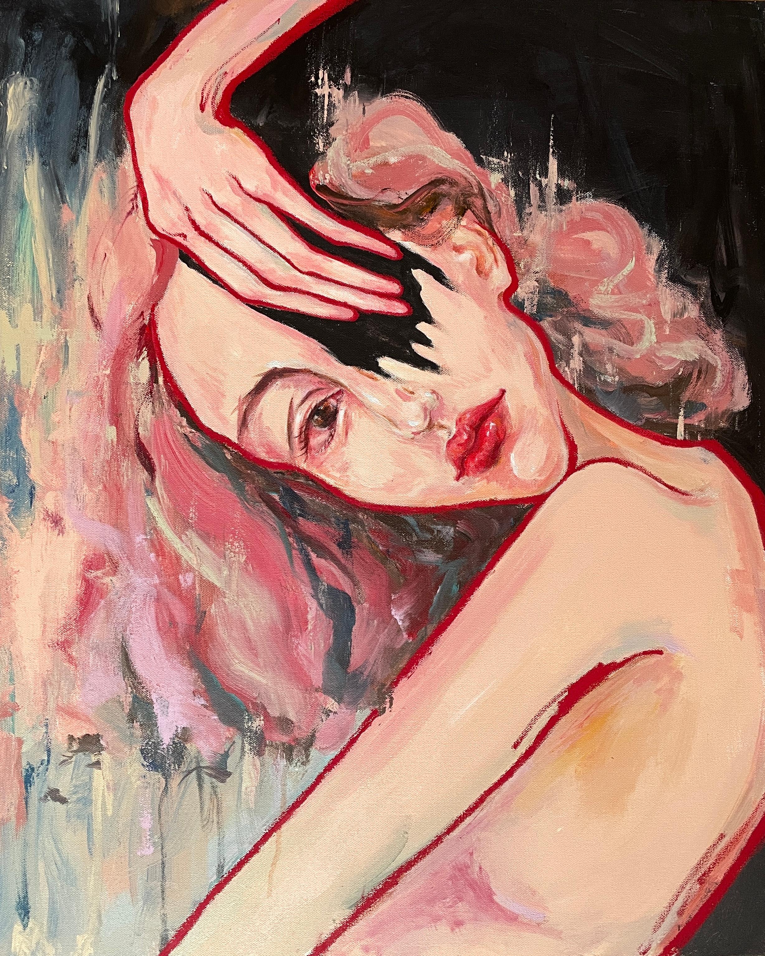 'Torn' di Via Li è uno struggente dipinto figurativo in acrilico di 30" x 24" che cattura un'emozione profonda e introspettiva. La tela è dominata da una suggestiva immagine di donna, con la testa graziosamente inclinata e la mano che si tocca il