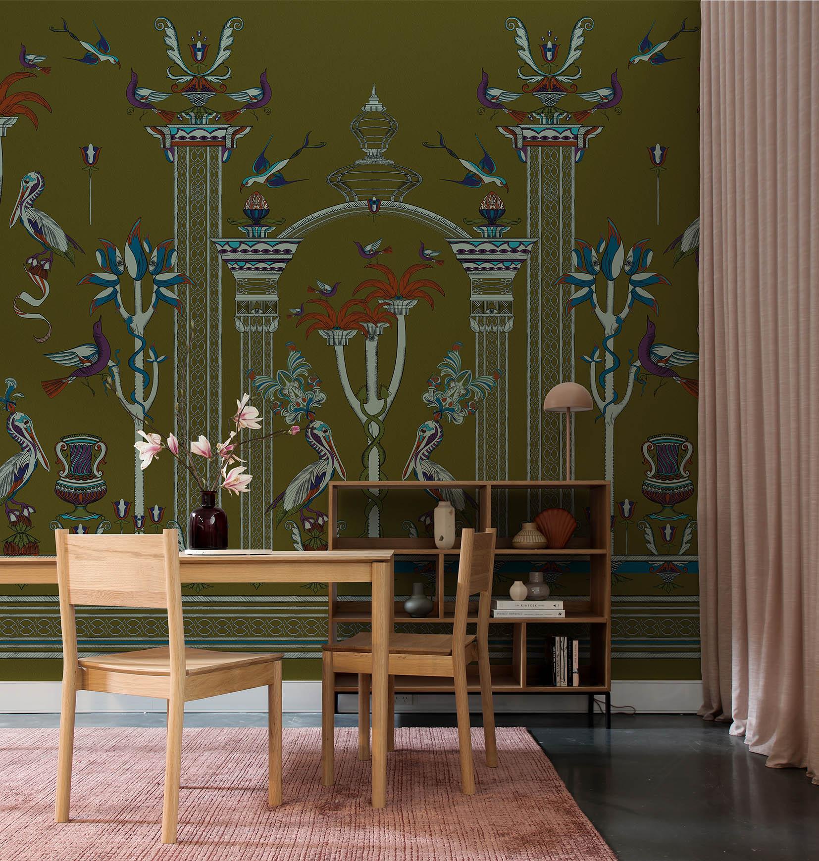 Background: Olive Green
Subjects: Multicolor
Designer: Marika Tardio
Designed by hand in Digital Art
Made in: Italy

Printing support: Fine Art ( front 50% cellulose, back non-woven backing
Greenguard Gold Inks, low emissions).
Single roll width: