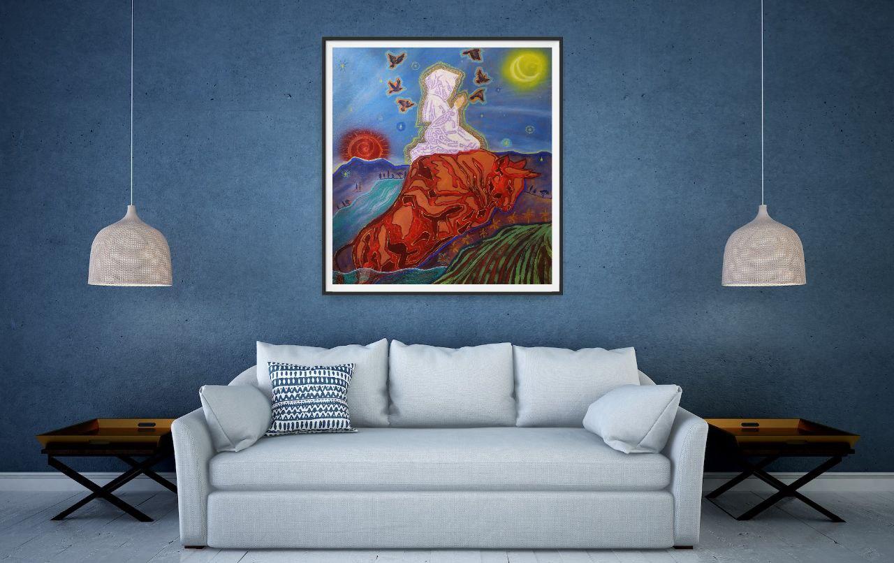 Questo dipinto, realizzato in tonalità luminose e ricche, raffigura una scena spirituale che riflette i temi chiave della mia pratica artistica. Al centro della composizione c'è una figura radiosa seduta sul dorso di un toro rosso. Gli elementi