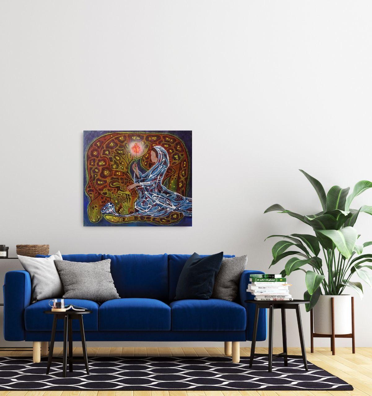 
            Questo dipinto, eseguito in ricche tonalità di blu e oro, raffigura Santa Tatiana in un momento di profonda connessione spirituale con la Nature. La figura centrale è Santa Tatiana, vestita con un mantello blu che simboleggia la sua