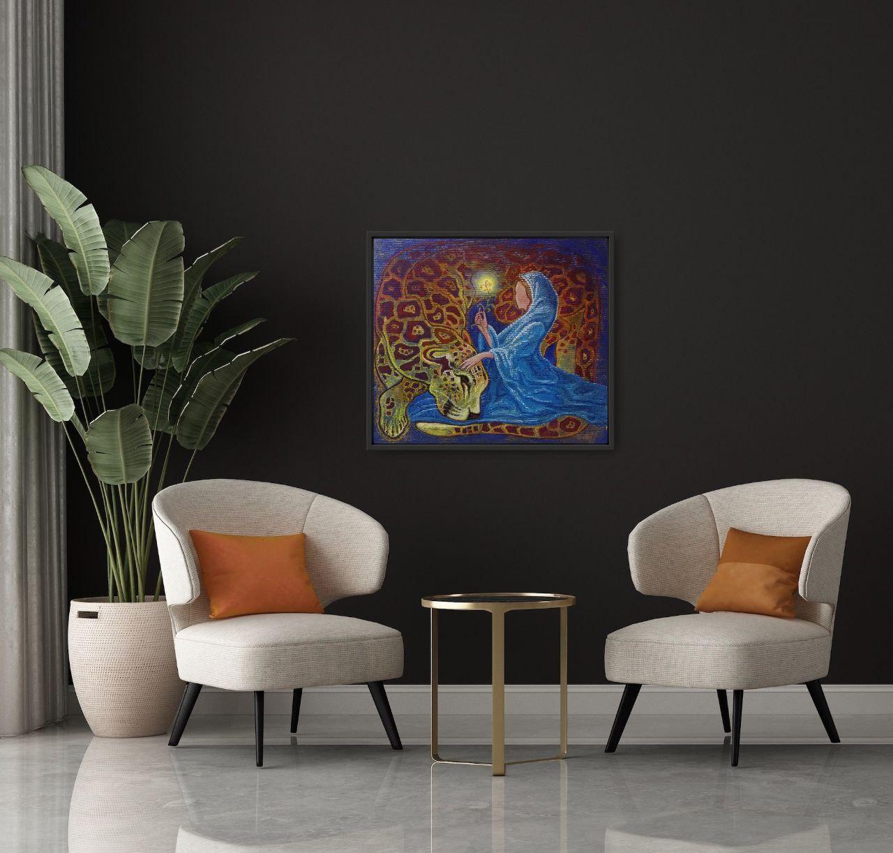 
               Questo dipinto, eseguito in ricche tonalità di blu e oro, raffigura Santa Tatiana in un momento di profonda connessione spirituale con la Nature. La figura centrale è Santa Tatiana, vestita con un mantello blu che simboleggia la sua
