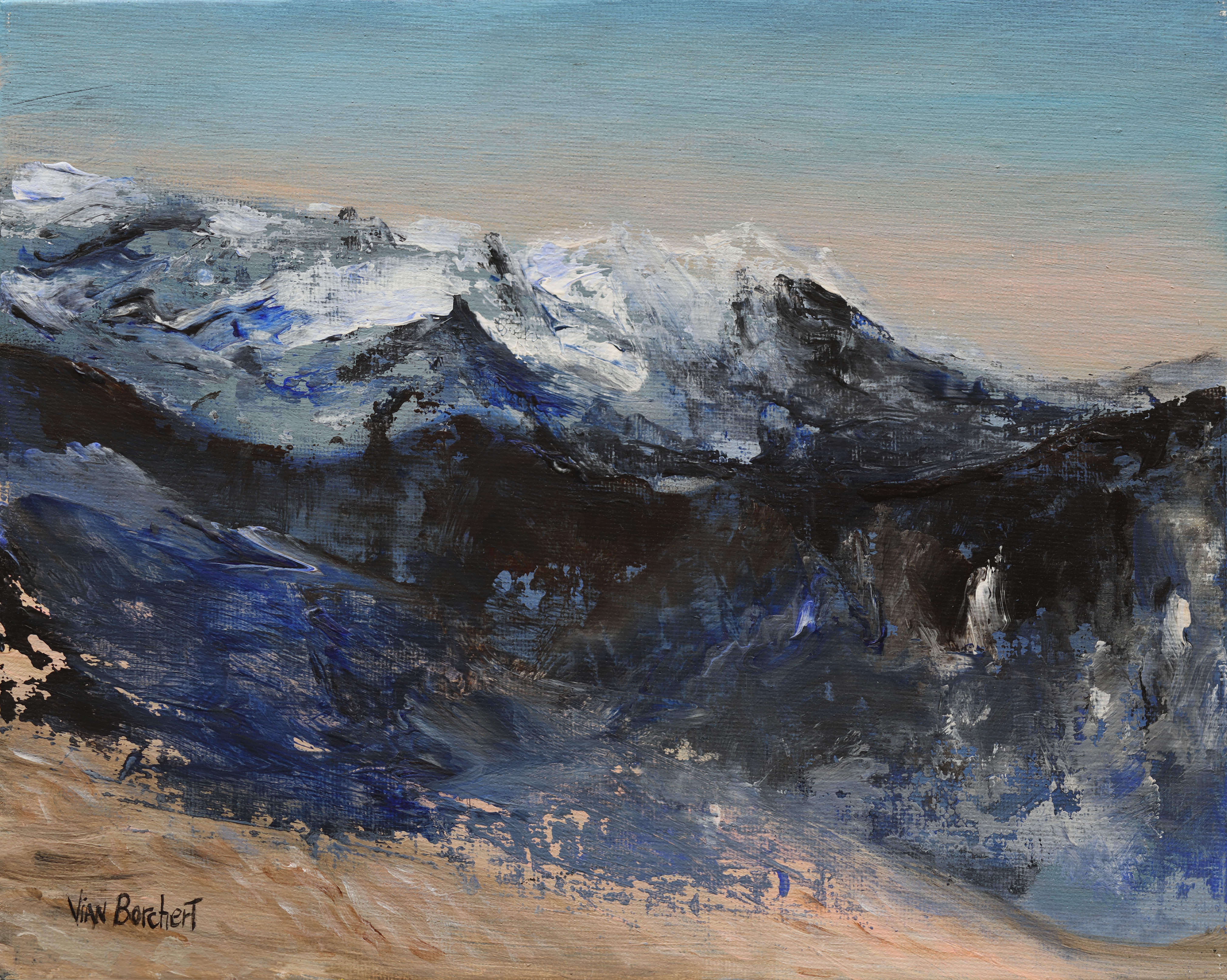 Landscape Painting di Vian Borchert - Montagne di neve - Pittura acrilica di paesaggio di montagna