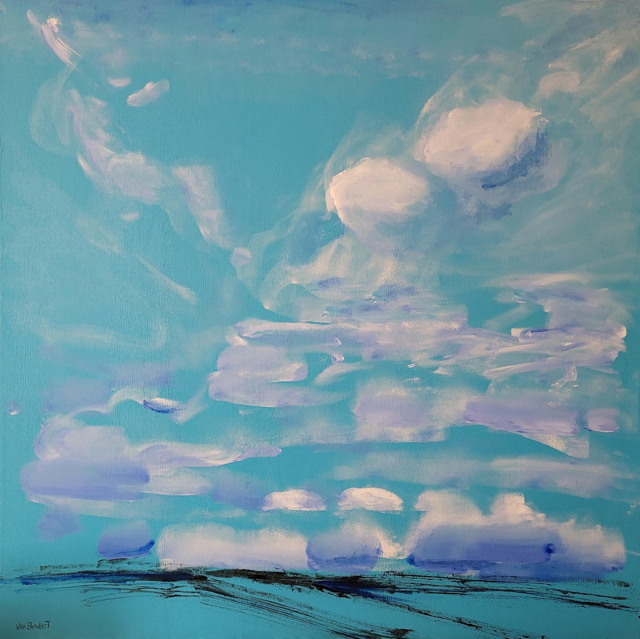 Vian Borchert Abstract Painting - Two Happy Clouds -  (abstract, blue acrylic on canvas, Large painting, Clouds, C