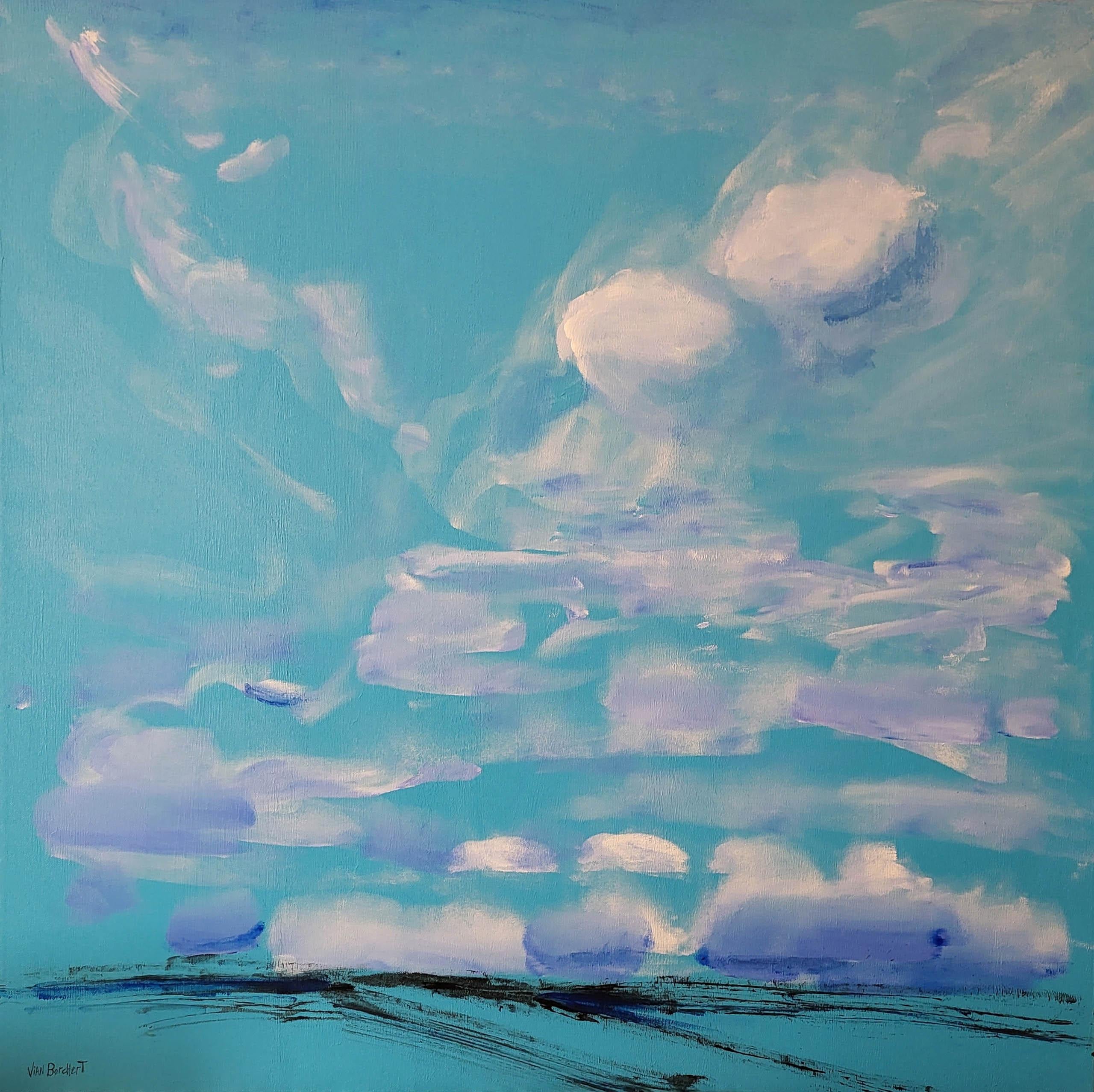 Abstract Painting di Vian Borchert - Due nuvole felici - Pittura acrilica astratta di un paesaggio marino