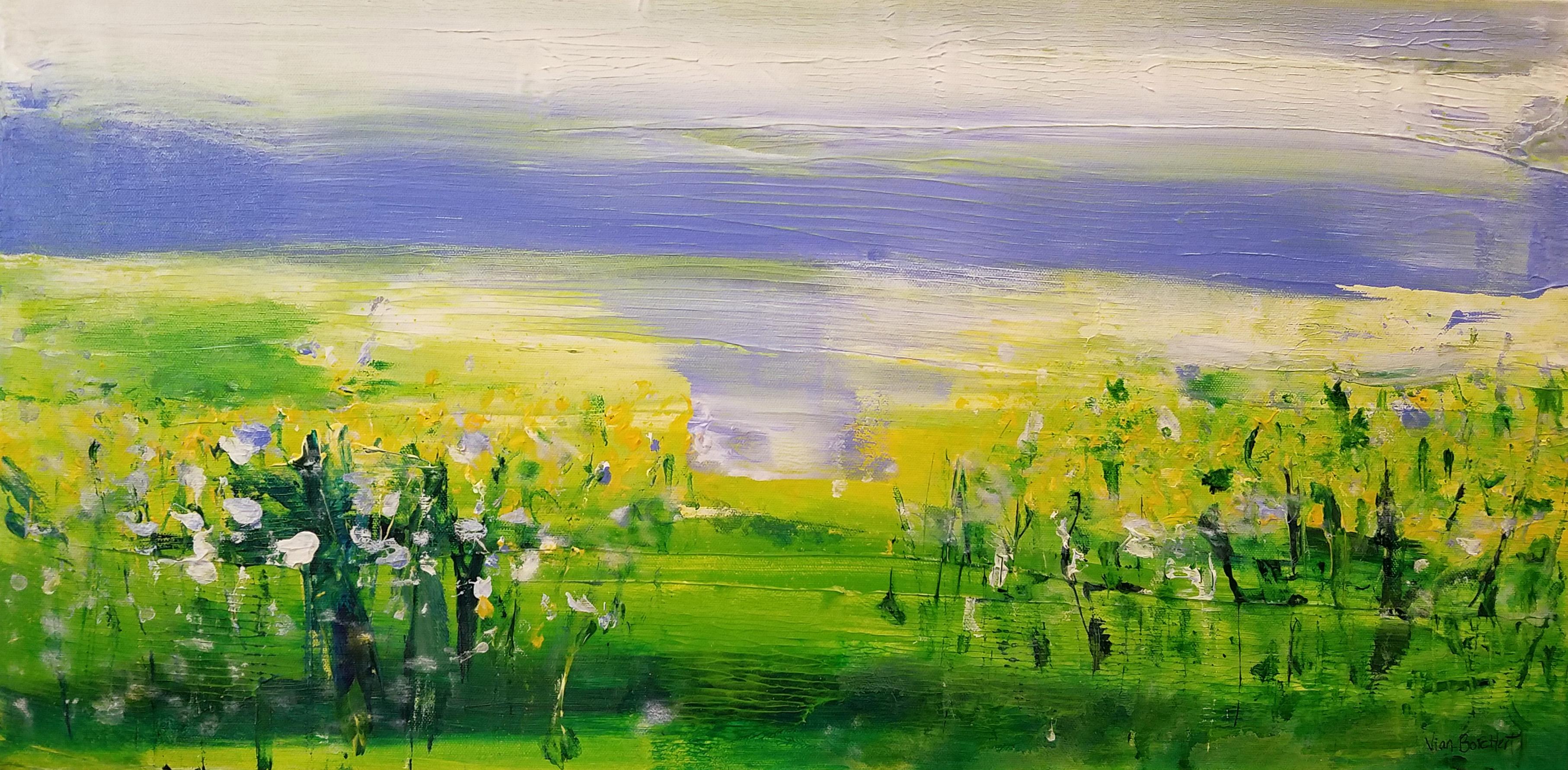 Vian Borchert Landscape Painting - Wildflowers -   (abstract, Green abstract landscape, yellow flowers, yellow, gre