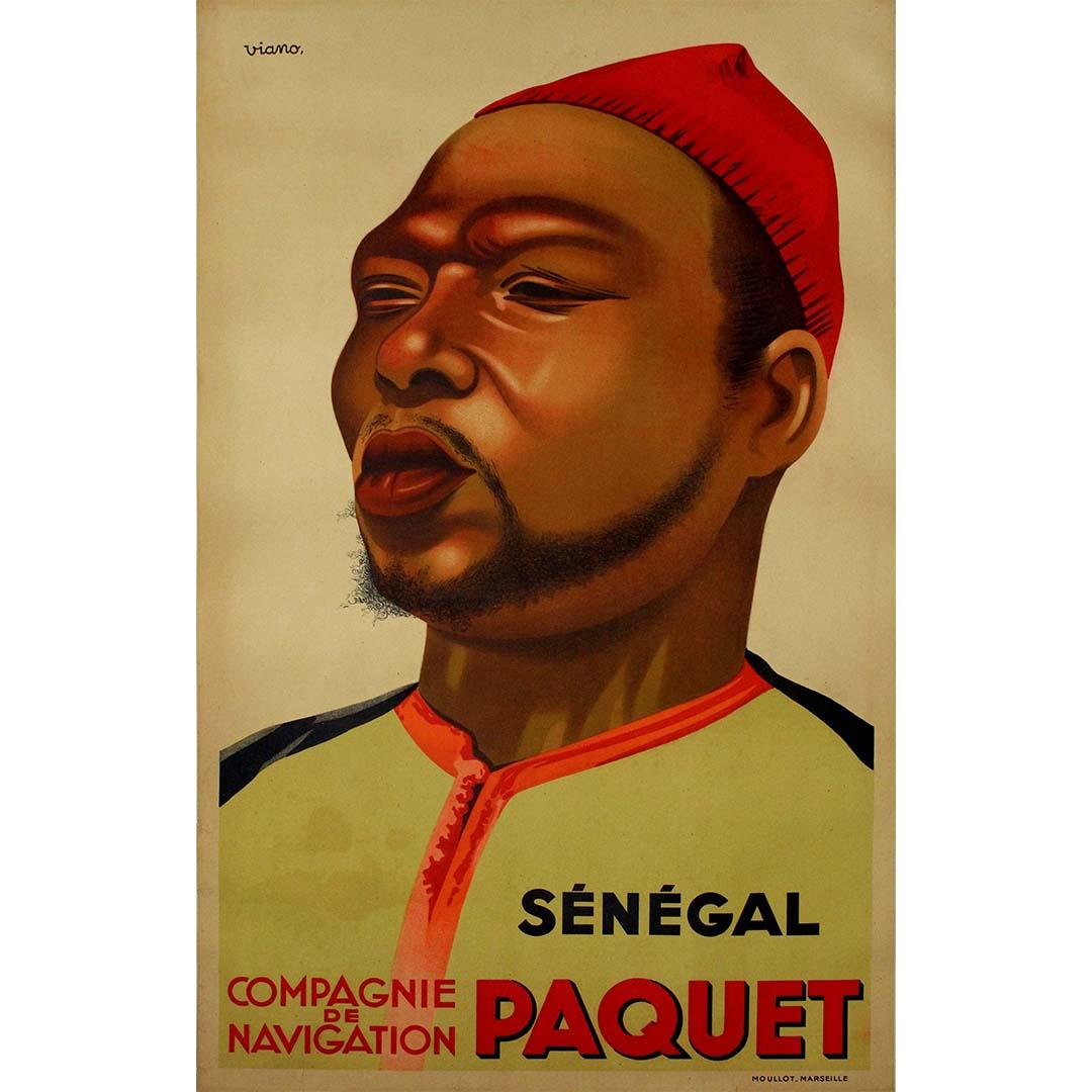 Il poster originale "Sénégal Compagnie de Navigation Paquet" di Viano, creato per promuovere la Compagnie de Navigation Paquet, mostra l'abilità dell'artista nel catturare l'essenza dei viaggi marittimi e delle destinazioni esotiche. Questo pezzo