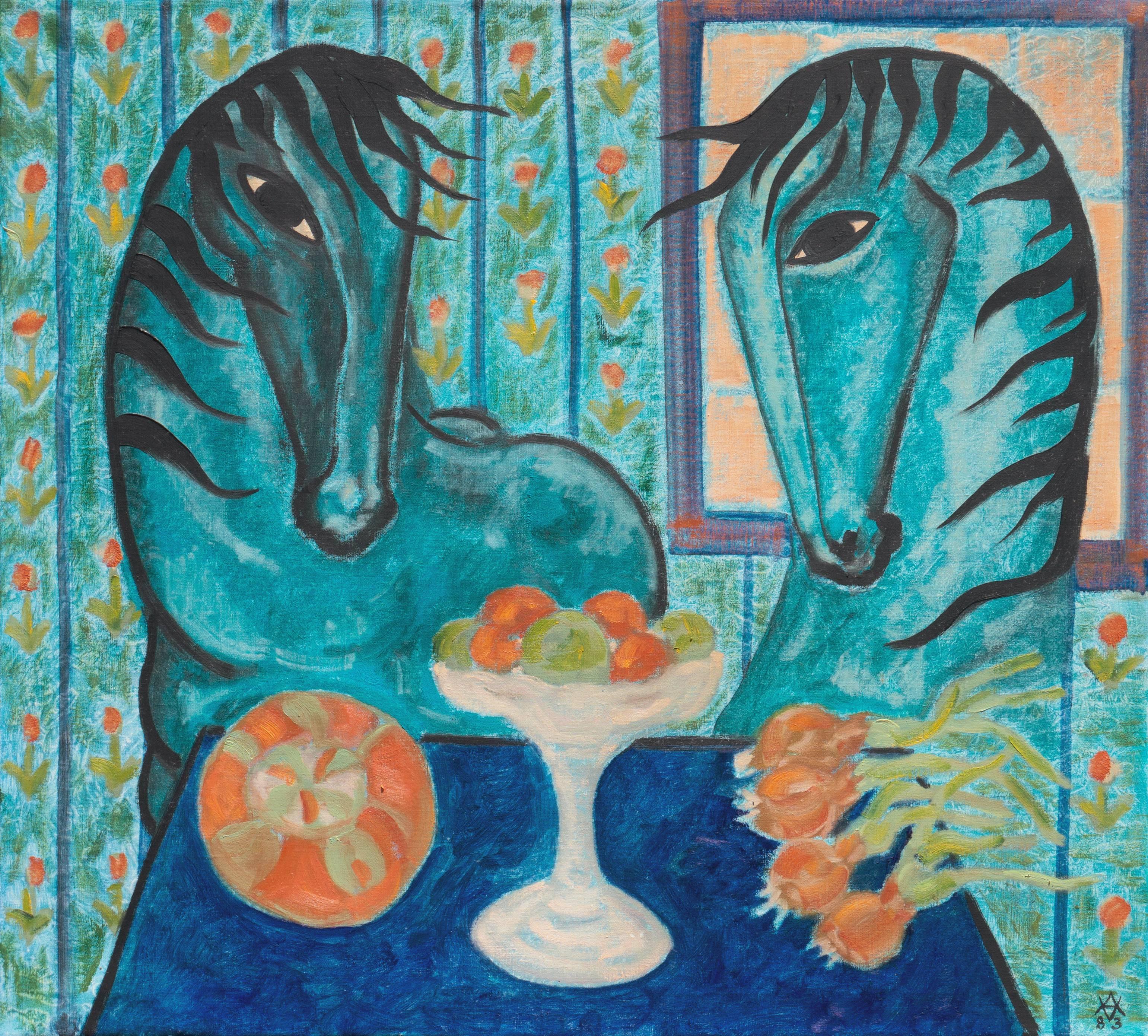 Vibeke Alfelt Animal Painting - 'The Blue Hour', Equestrian Dream, Danish Symbolist, Charlottenborg Art Gallery