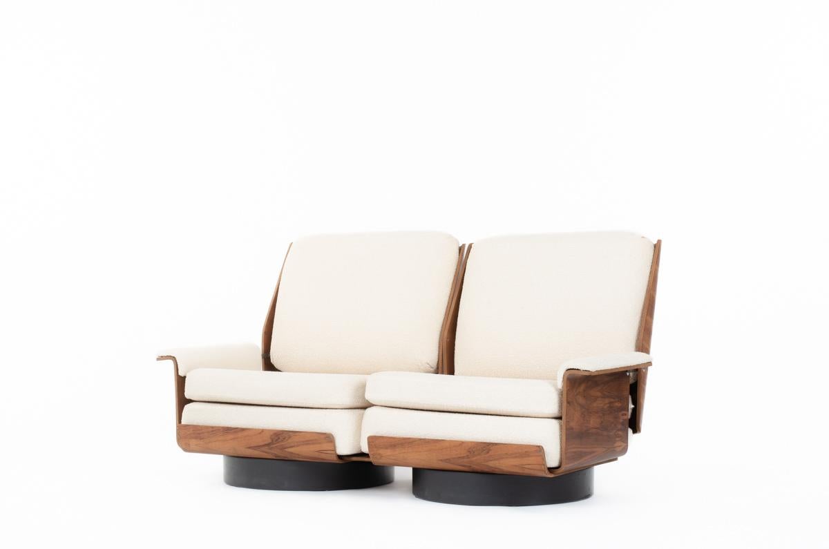 2-seater sofa, rare piece, designed by Bernard Brunier produced by Coulon in 1960. Model: Viborg
Composed of a plywood structure, a circle base covered by black leather and foam cushions cover in off-white terry fabric. 
This sofa has been