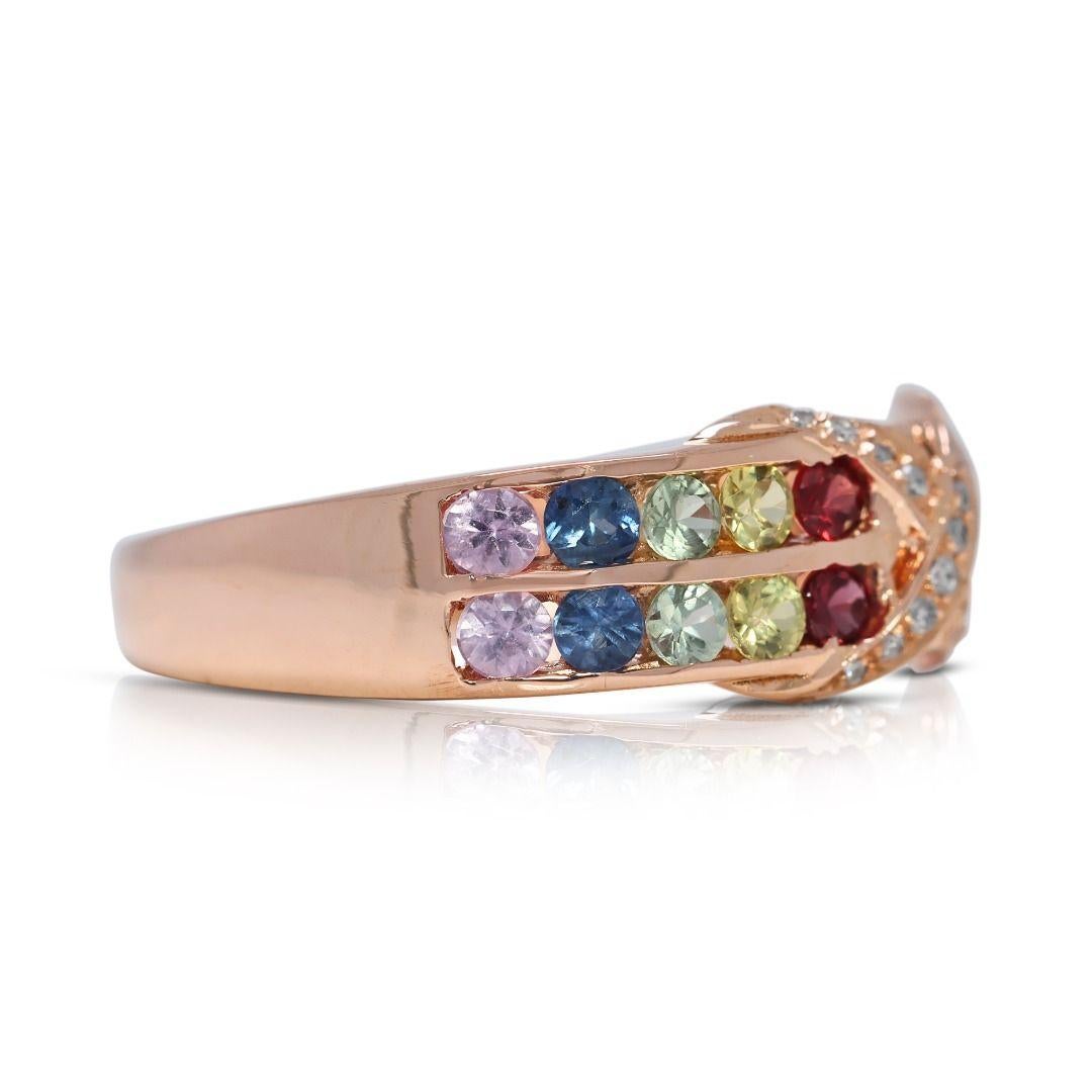 Round Cut Vibrant 0.39ct Multicolored Sapphires, Rubies, and Natural Diamonds Ring in 18K For Sale