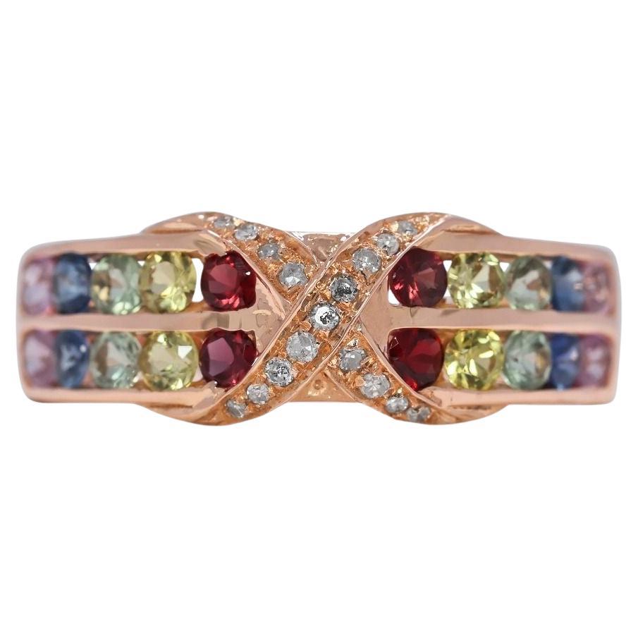 Anello vibrante con zaffiri multicolori, rubini e diamanti naturali da 0,39 carati in 18 carati