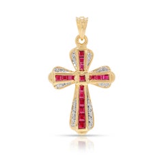 Pendentif croix en or jaune 18 carats avec rubis et diamants naturels de 0,77ct