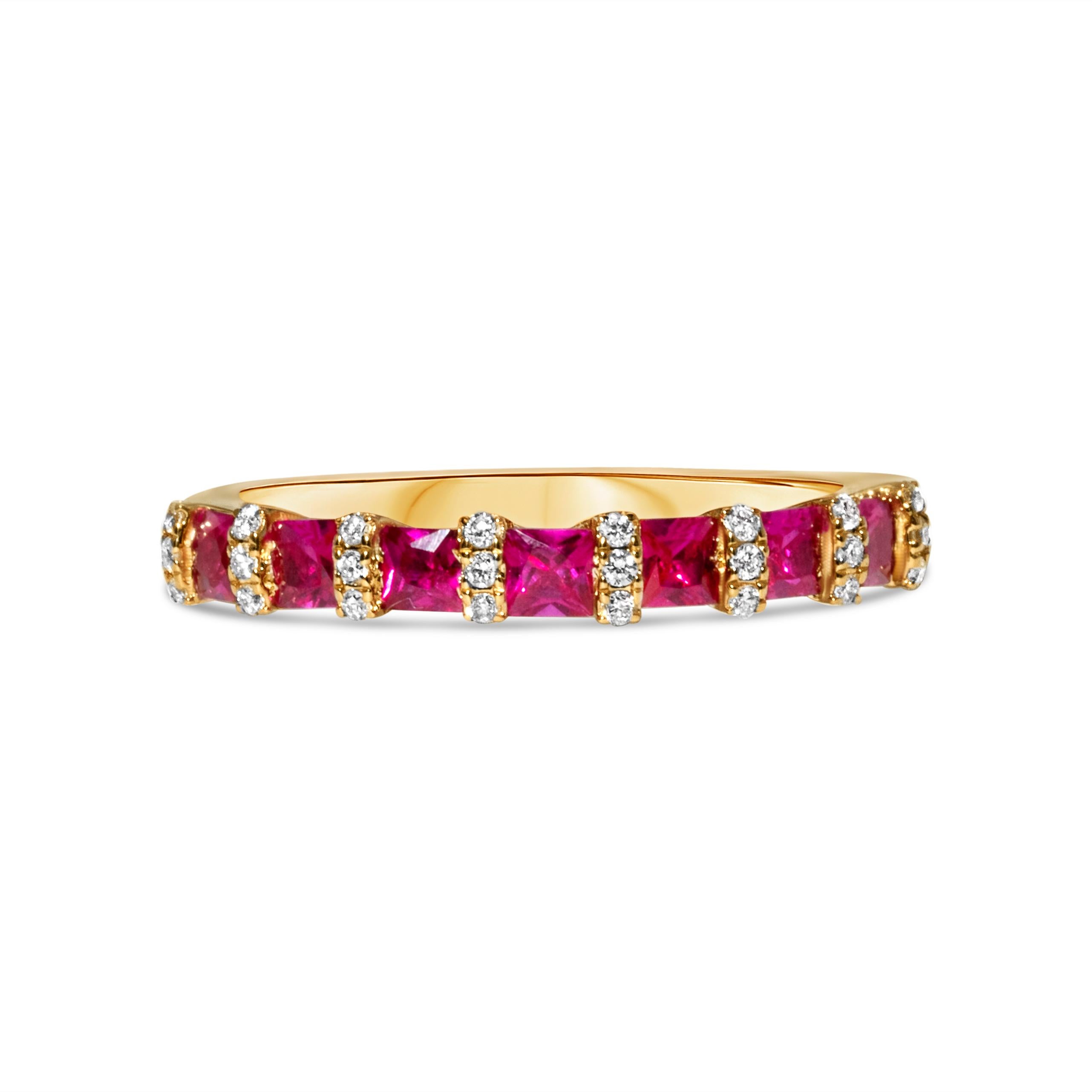 Emerald Cut Vibrant 0.81 Carat Red Square Emerald & Diamond Ring in 14k Yellow Gold For Sale