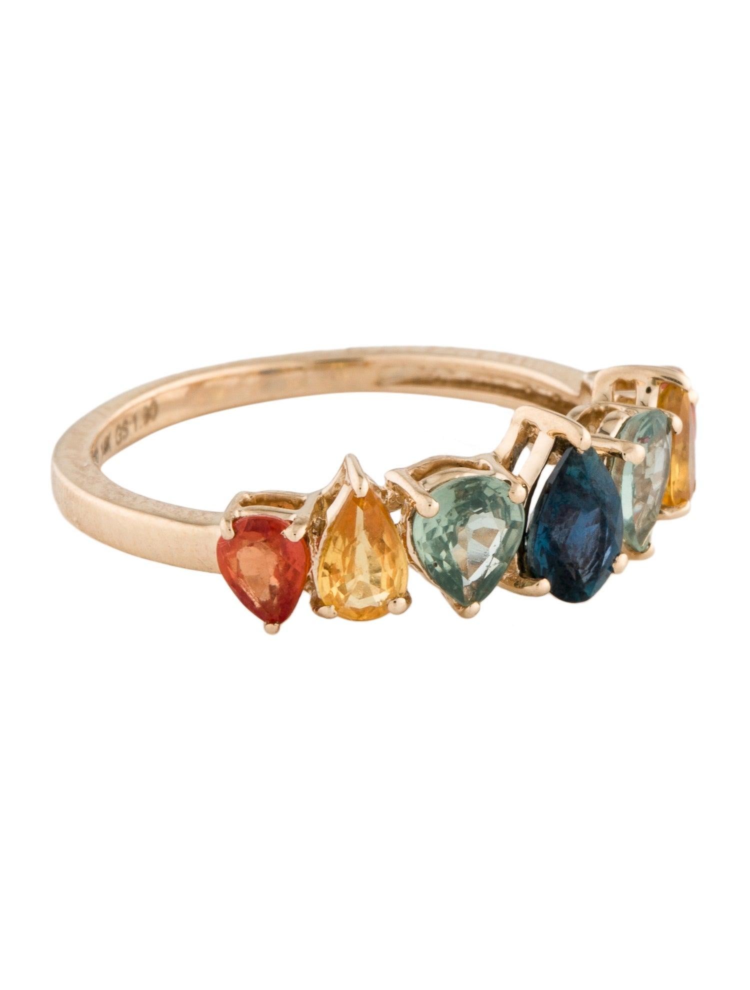 Description:
Embrace the brilliance of color with our 14K Yellow Gold Sapphire Multi-Color Band, a dazzling testament to unique design and craftsmanship. This exquisite piece, sized at 7, features an array of 1.9 carats of Pear Modified Brilliant