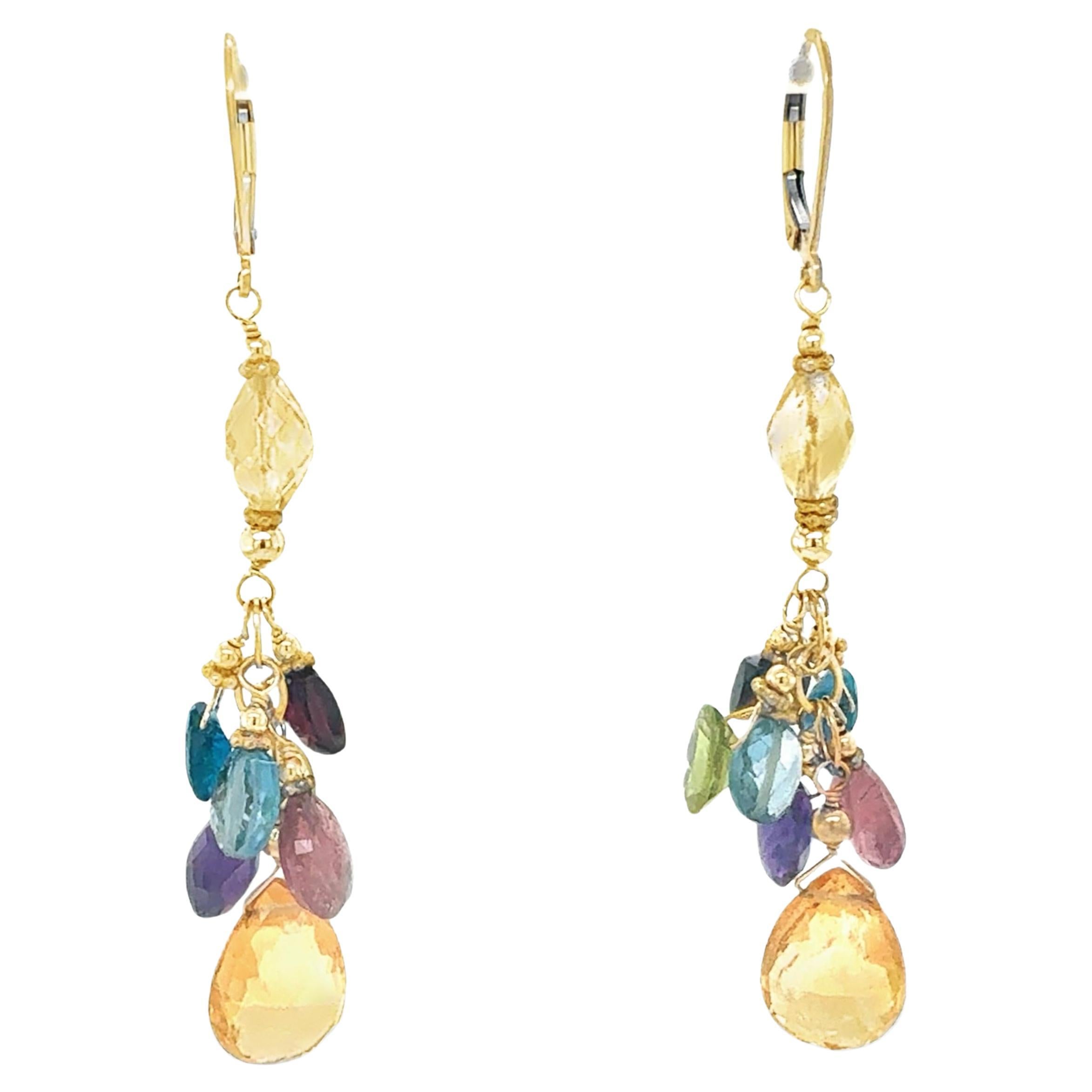 Vibrant 14K Yellow Gold Multi-Gemstone Briolette Dangle Earrings