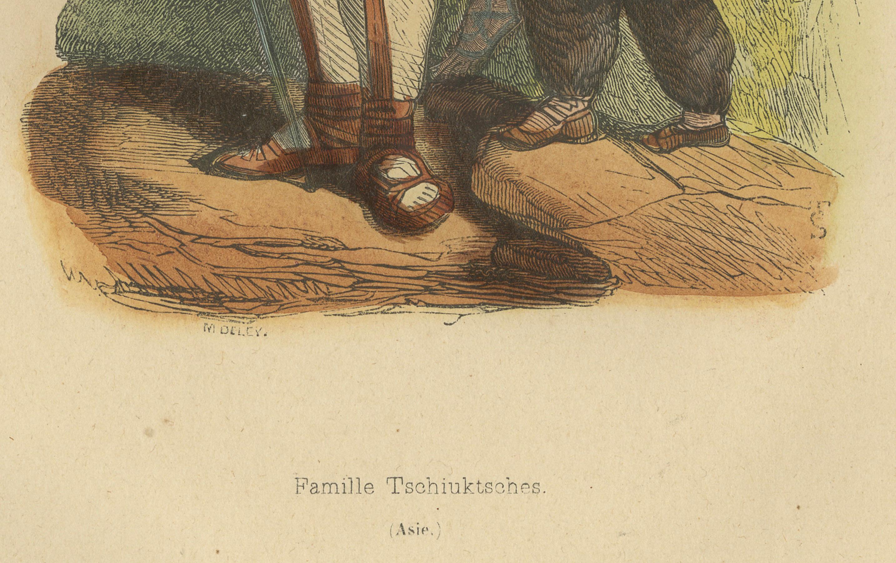 Vibrante litografia del 1844 colorata a mano della famiglia siberiana Tschuktsches o Chukchi In condizioni buone in vendita a Langweer, NL