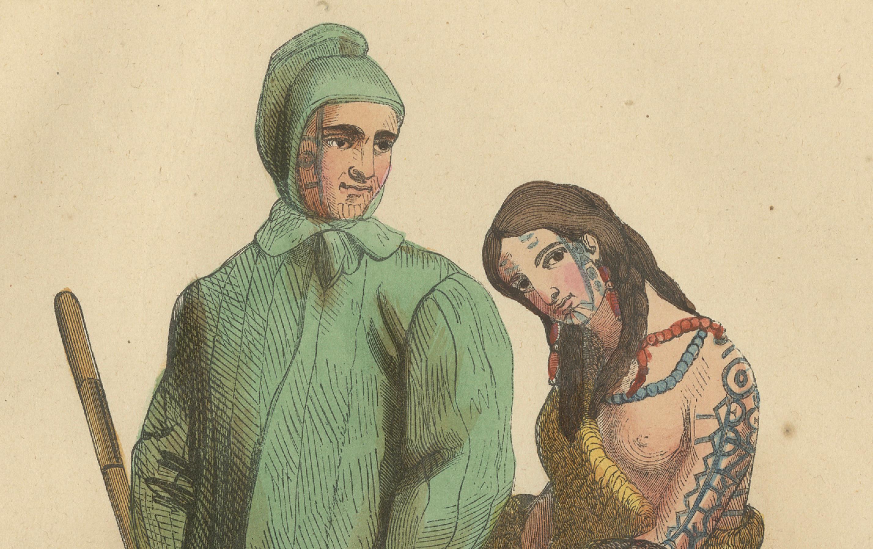 Carta Vibrante litografia del 1844 colorata a mano della famiglia siberiana Tschuktsches o Chukchi in vendita