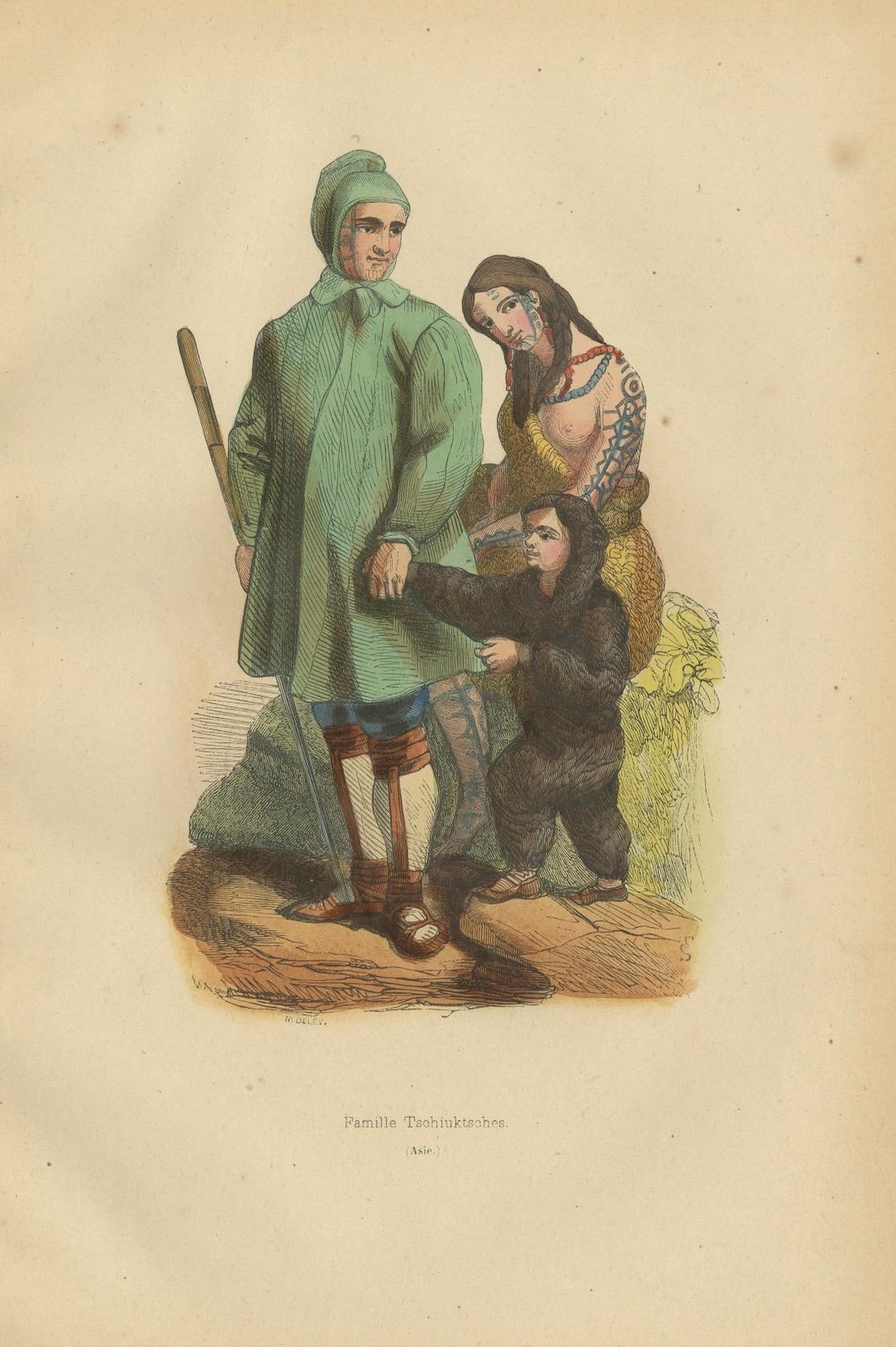 Vibrante litografia del 1844 colorata a mano della famiglia siberiana Tschuktsches o Chukchi in vendita 1