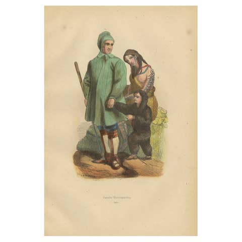 Vibrant 1844 Handcolored Lithograph of Siberian Tschuktsches or Chukchi Family