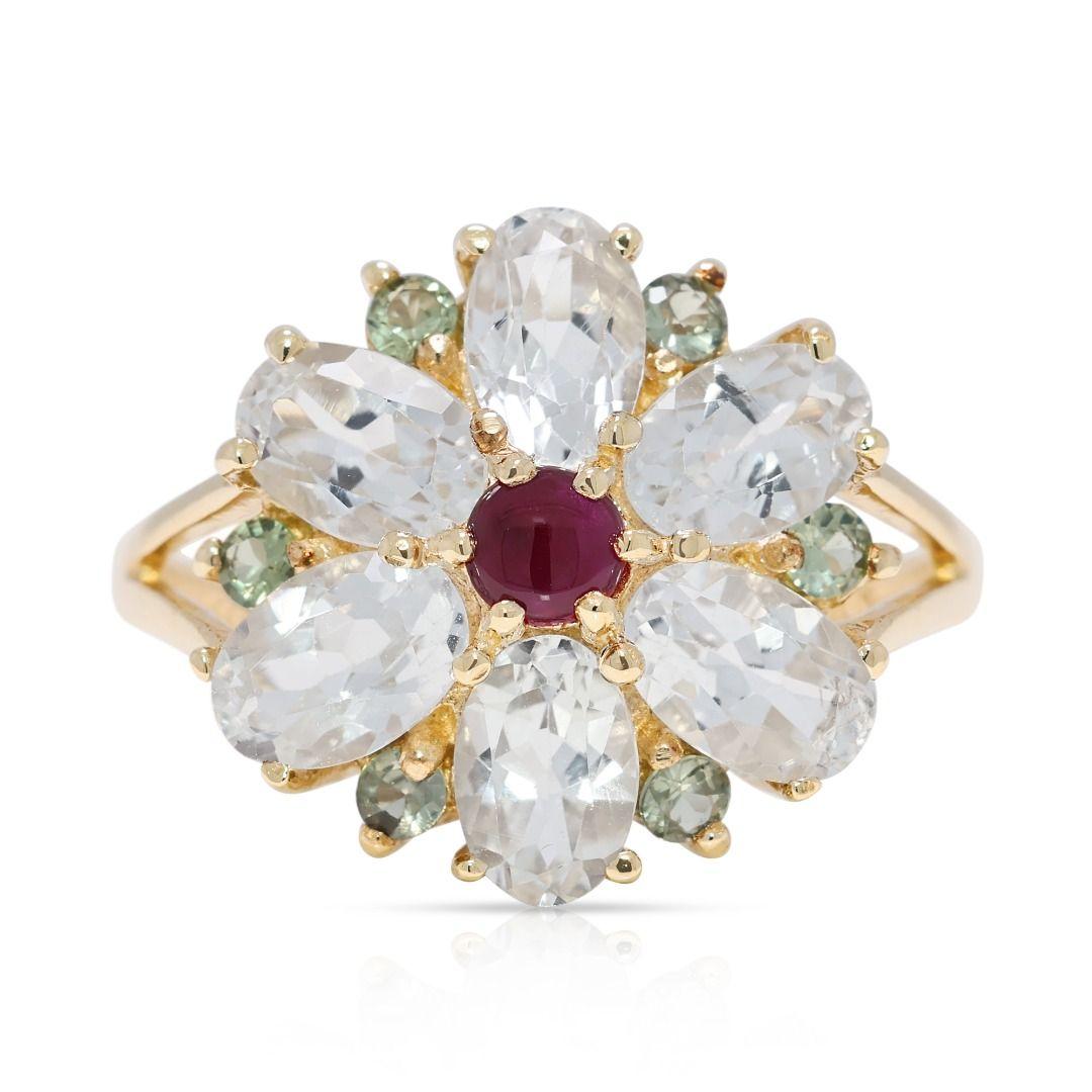 Vibrant 1.89ct Rubellite, Topaz & Tourmaline Ring in 9K Yellow Gold