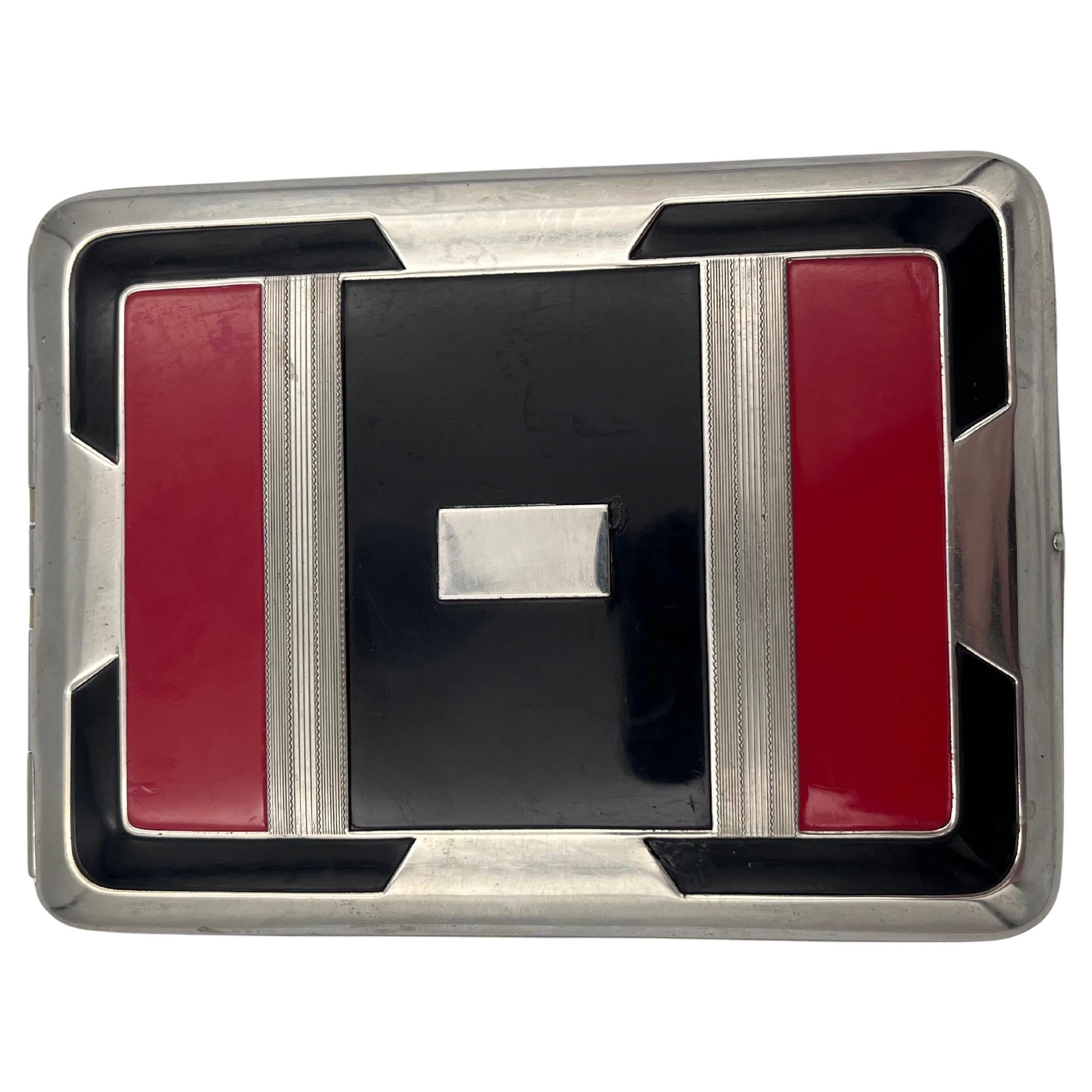 Vibrant 1930
s Art Deco Geometric Black and Red Enamel Marathon Cigarette Case