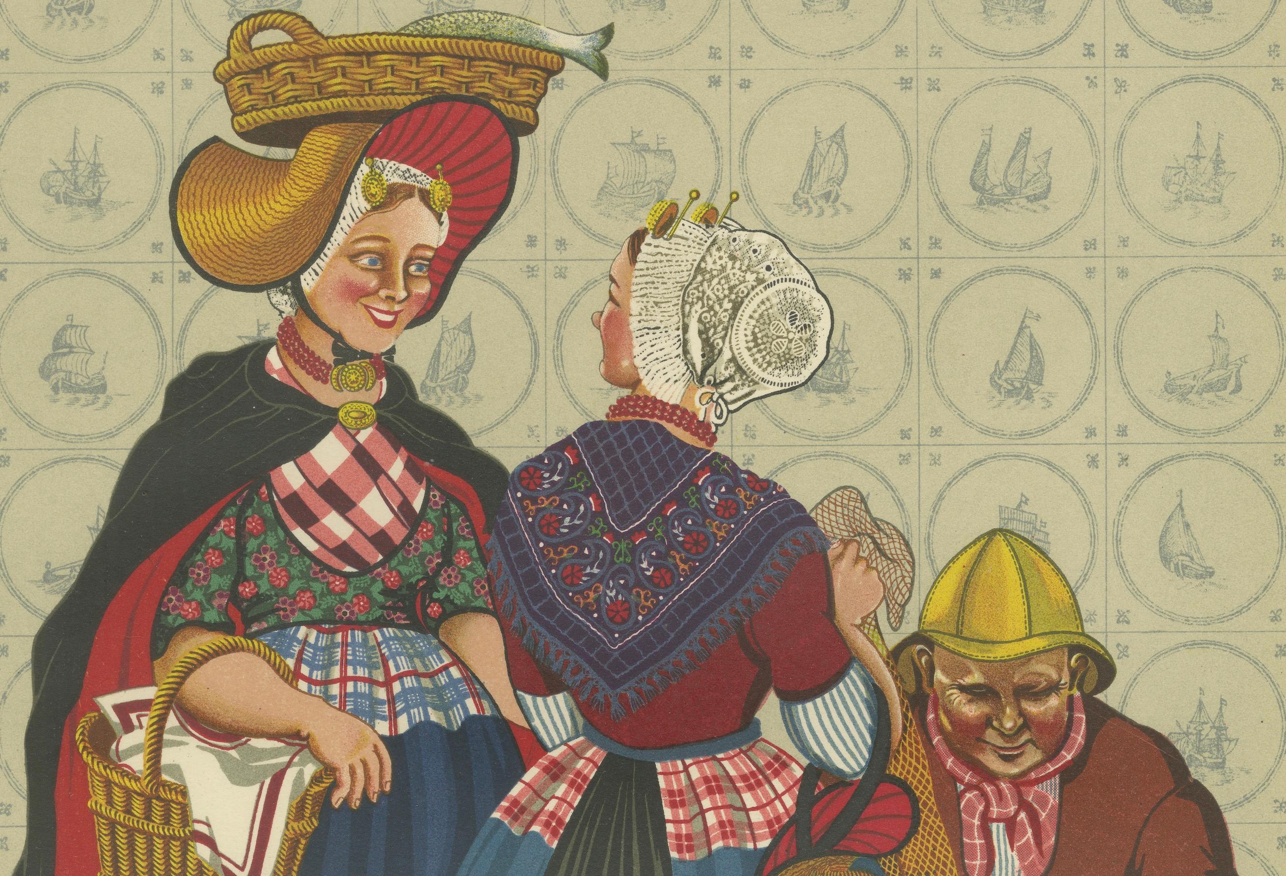 Lebendiger Druck von 1932 von Scheveninger Fischerinnen mit Muschelhut und Schalkap

Diese eindrucksvolle Originallithografie aus der 1932 erschienenen Publikation *The National Costumes of Holland* von Gratiane de Gardilanne und Elizabeth Whitney