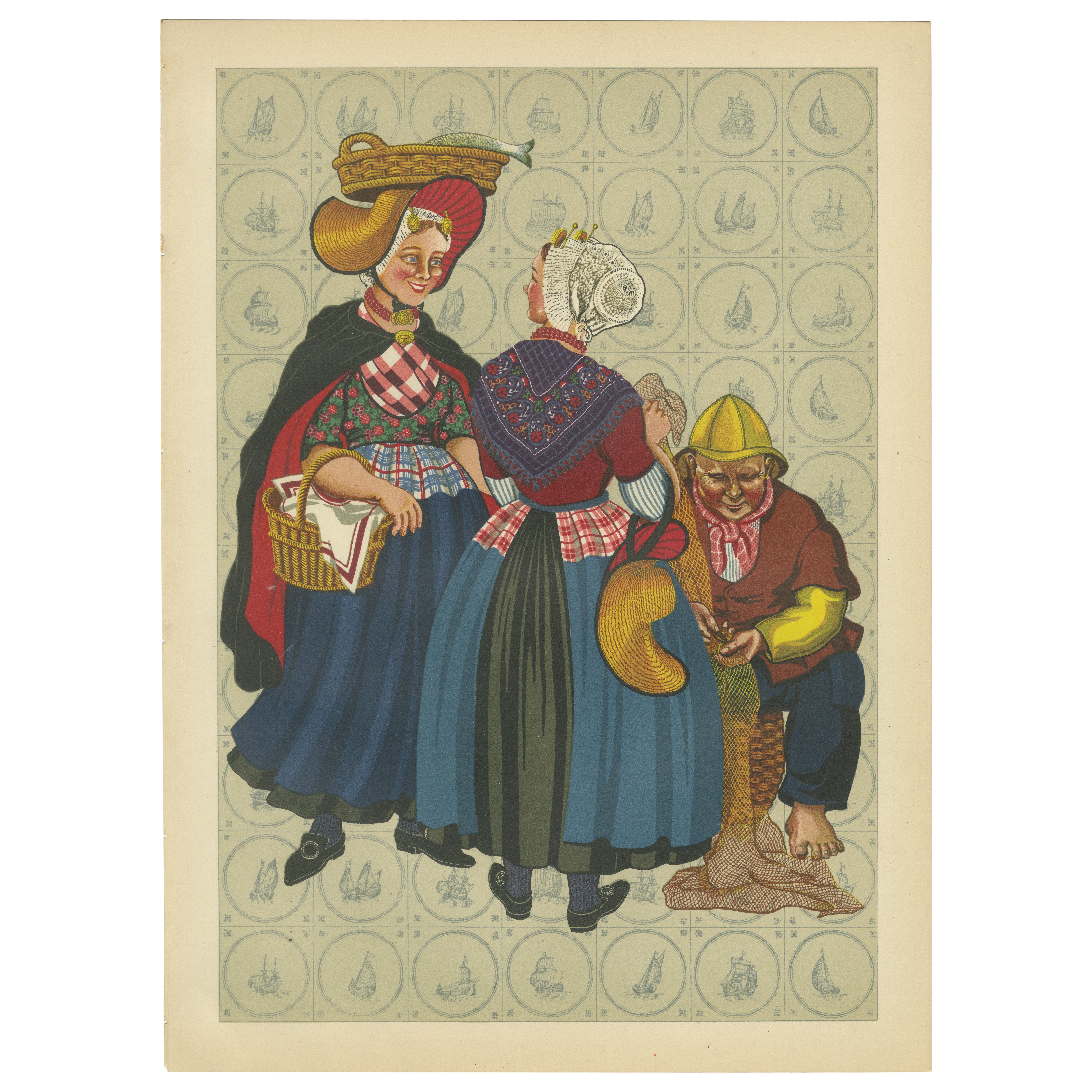 Lebendiger Druck von 1932 von Scheveninger Fischerinnen mit Muschelhut und Schalkap