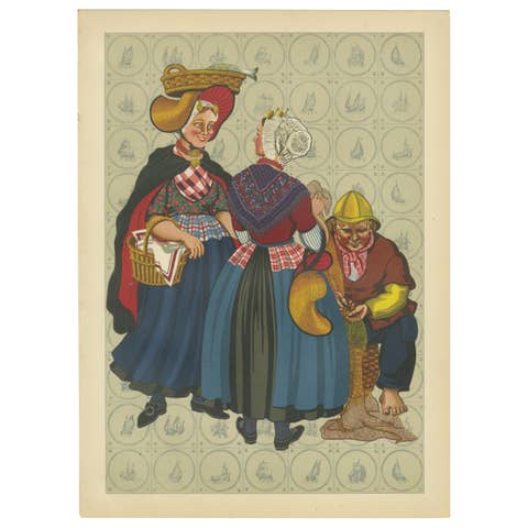 Vibrant 1932 Print of Scheveningen Fisherwomen with Shell Hat and Shawl Cape