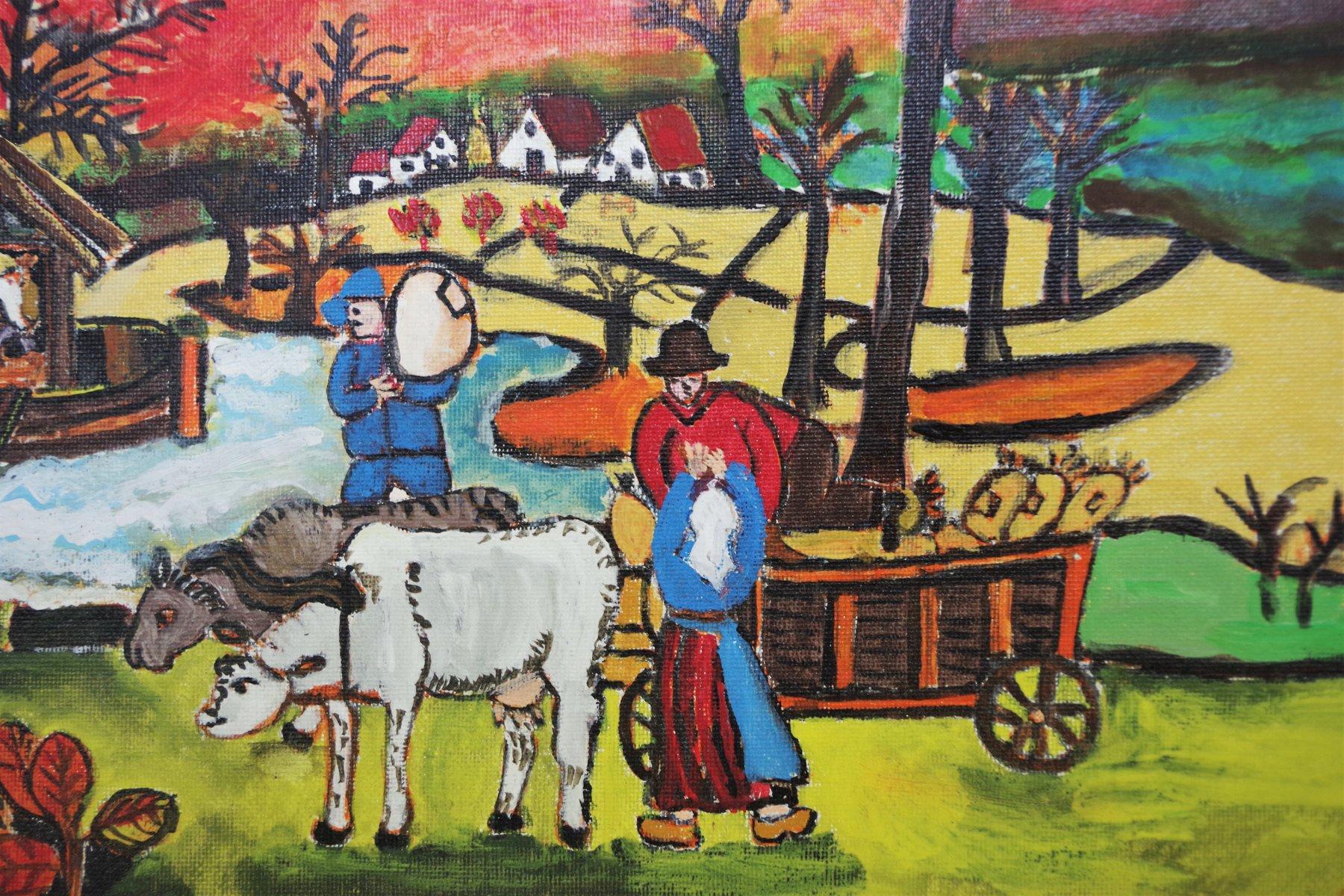 Tela Vibrant 1970 Painting of Agricultural Landscape by Zavagnor – A Celebration of R in vendita