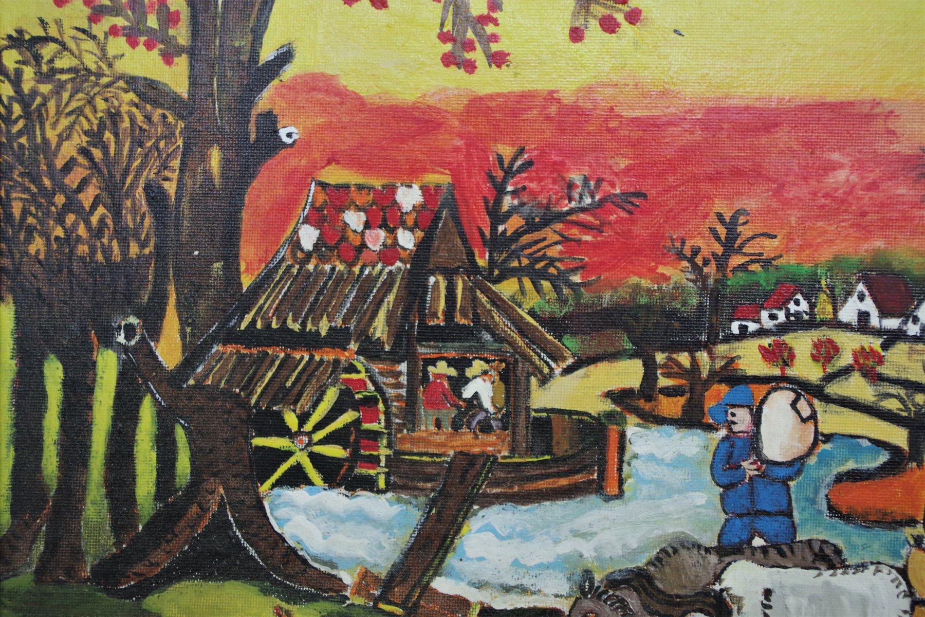 Vibrant 1970 Painting of Agricultural Landscape by Zavagnor – A Celebration of R in vendita 1