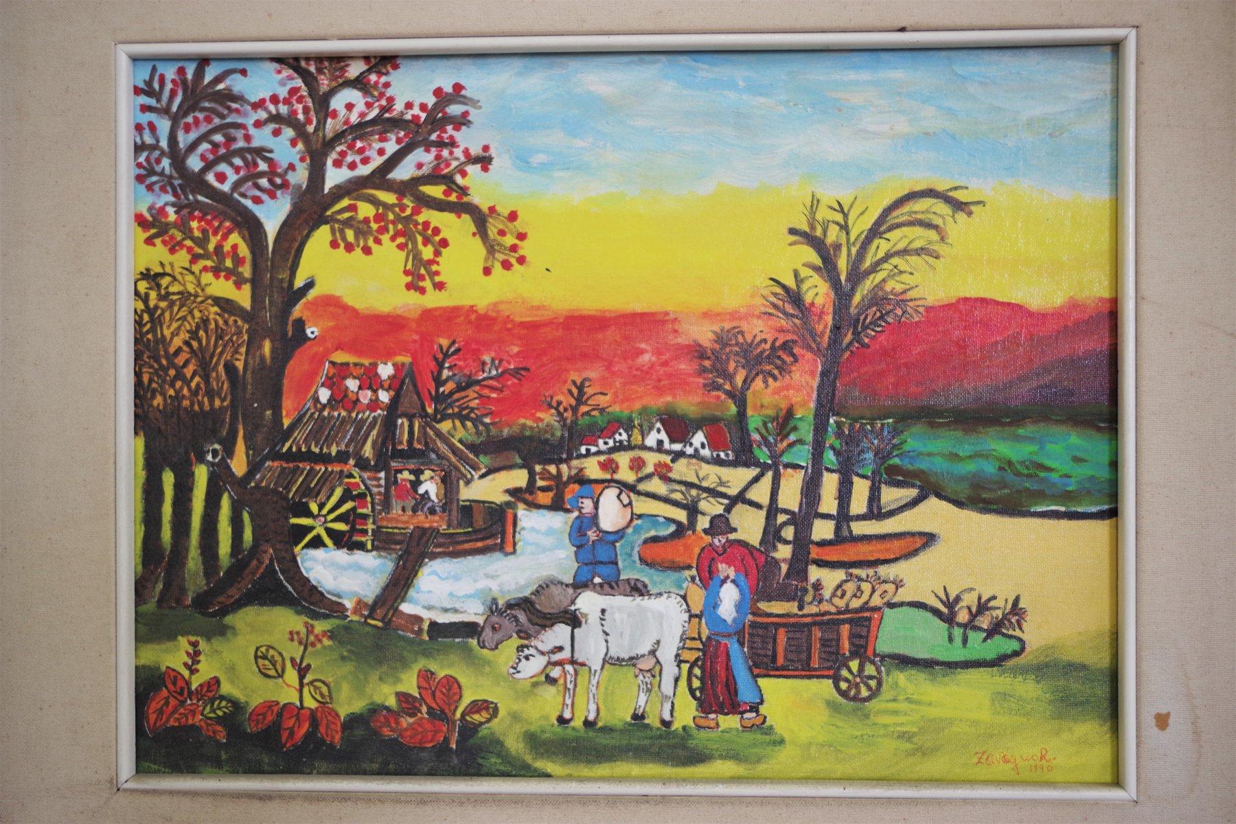 Vibrant 1970 Painting of Agricultural Landscape by Zavagnor – A Celebration of R in vendita 3