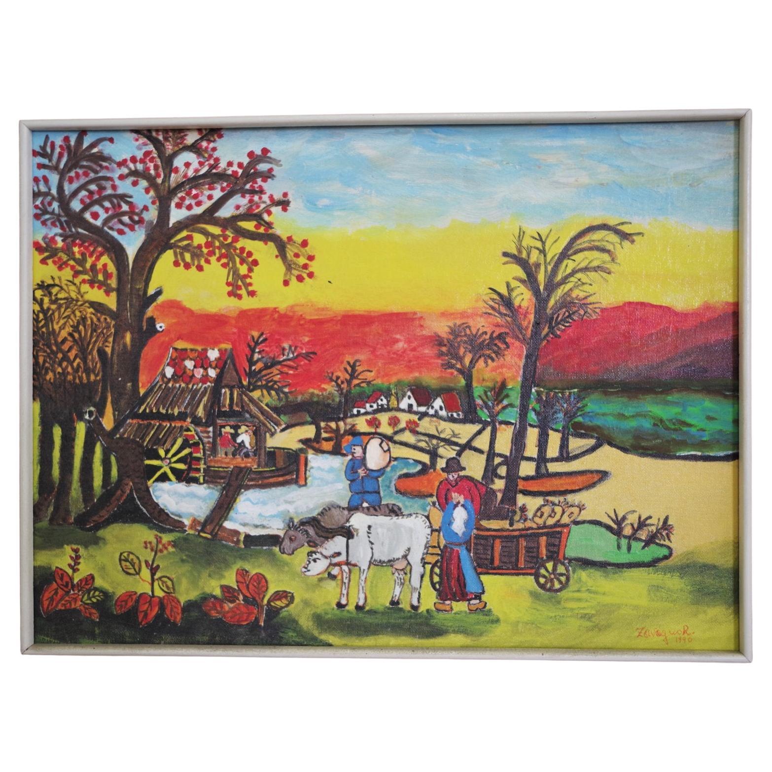 Vibrante paisaje agrícola pintado en 1970 por Zavagnor - Una celebración de R
